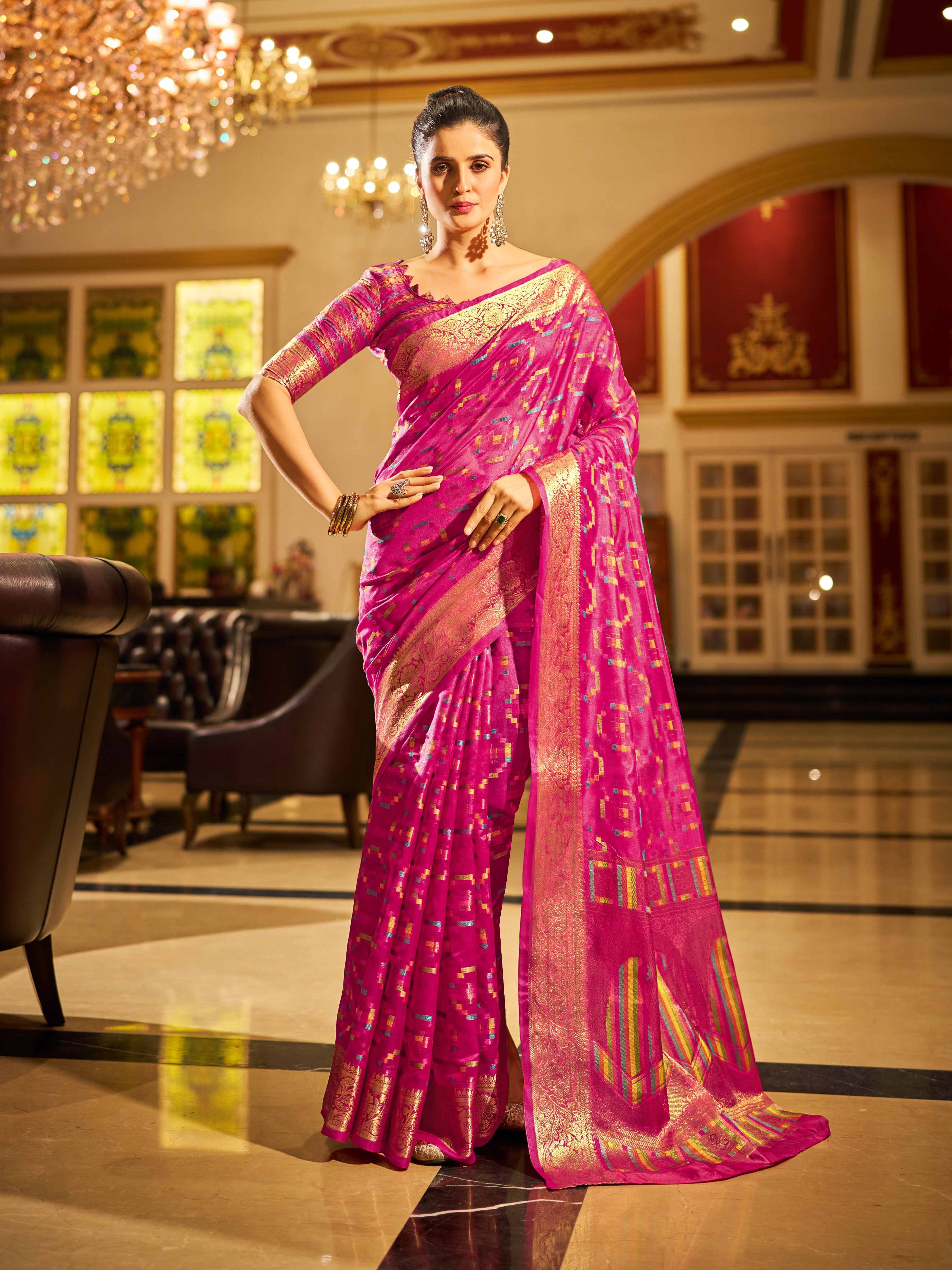 Rani Pink and dazzling Gold Organza Saree With Unstitched Blouse