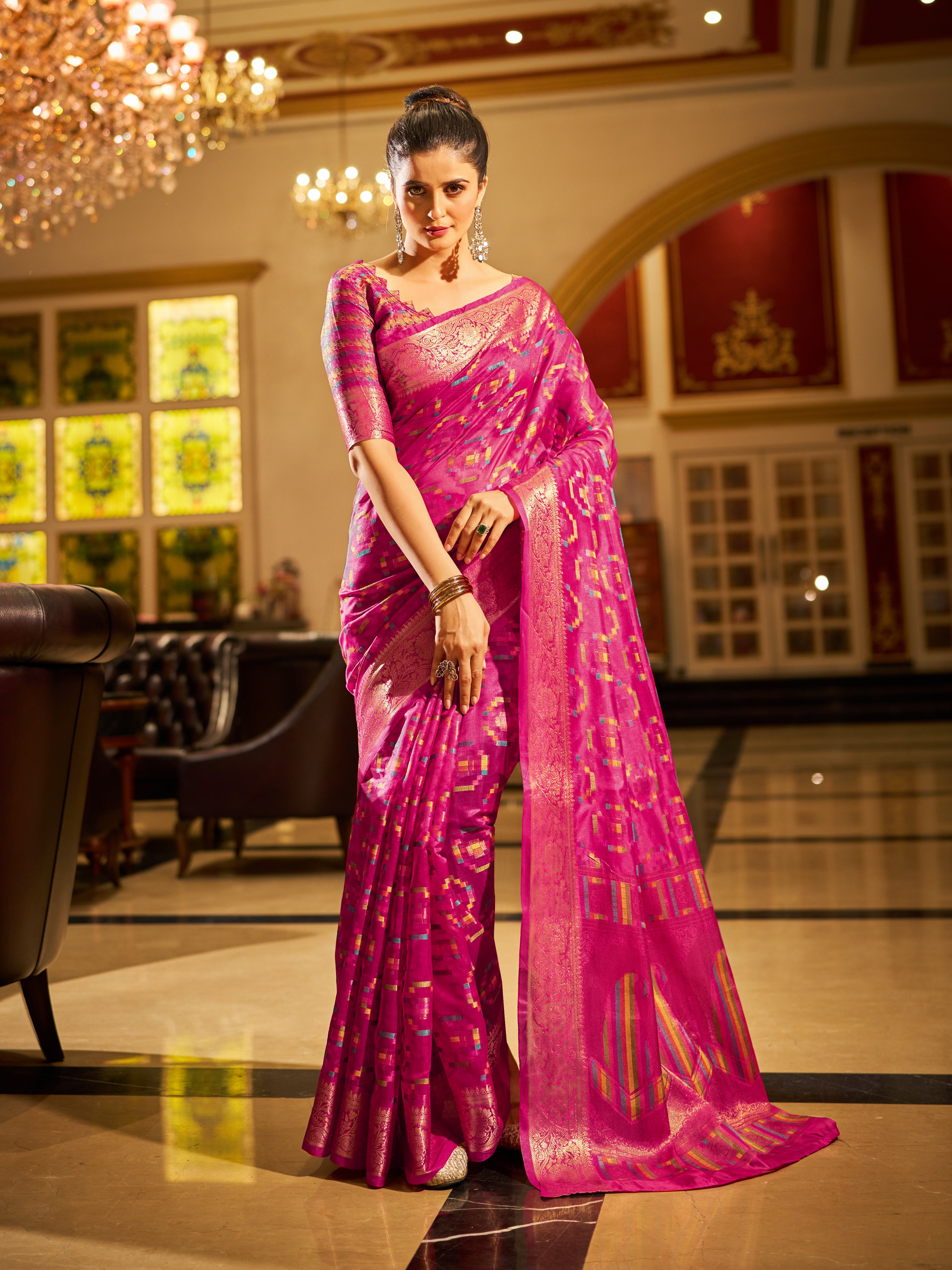 Rani Pink and dazzling Gold Organza Saree With Unstitched Blouse