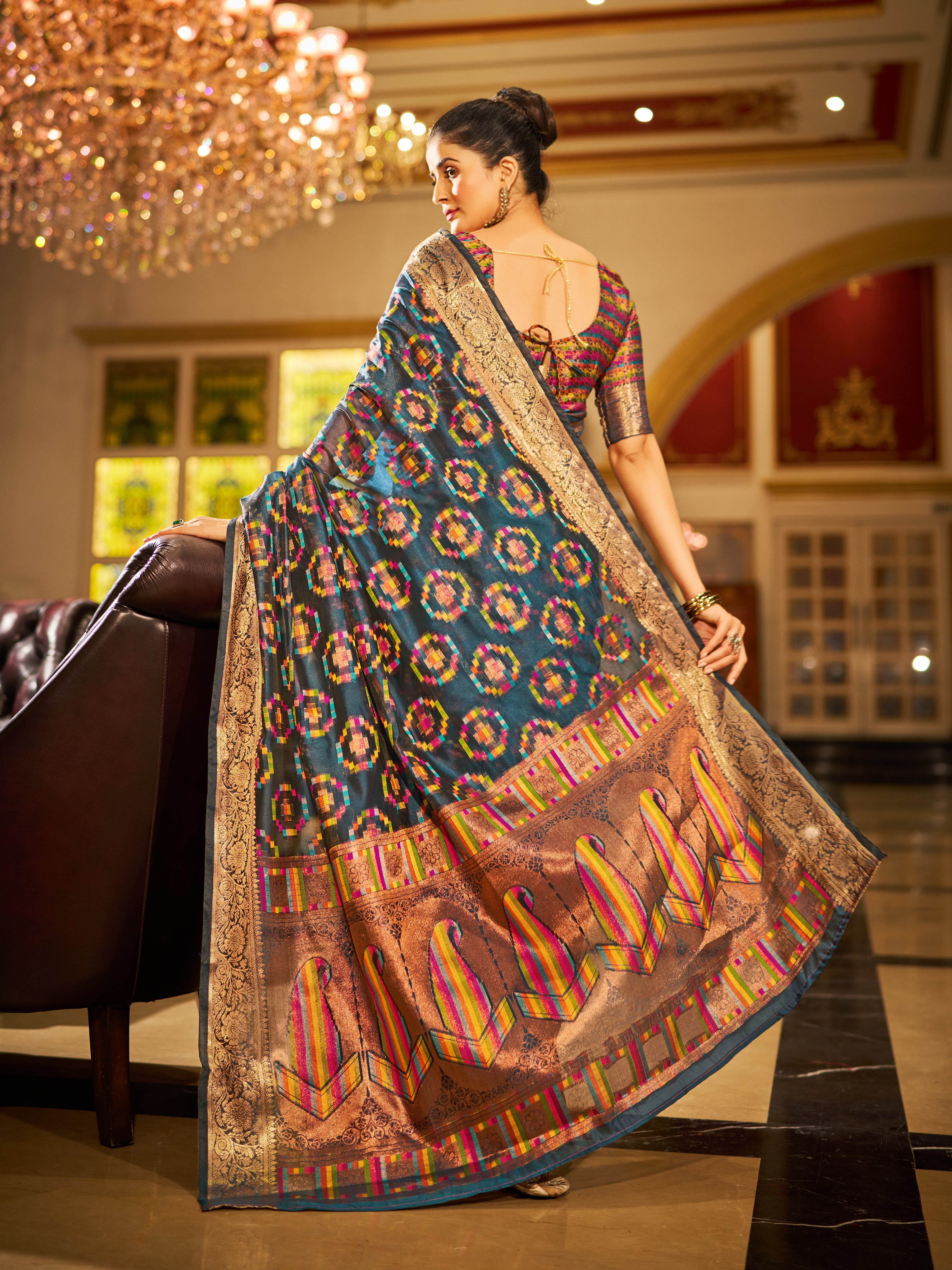 Grey and dazzling Gold Organza Saree With Unstitched Blouse