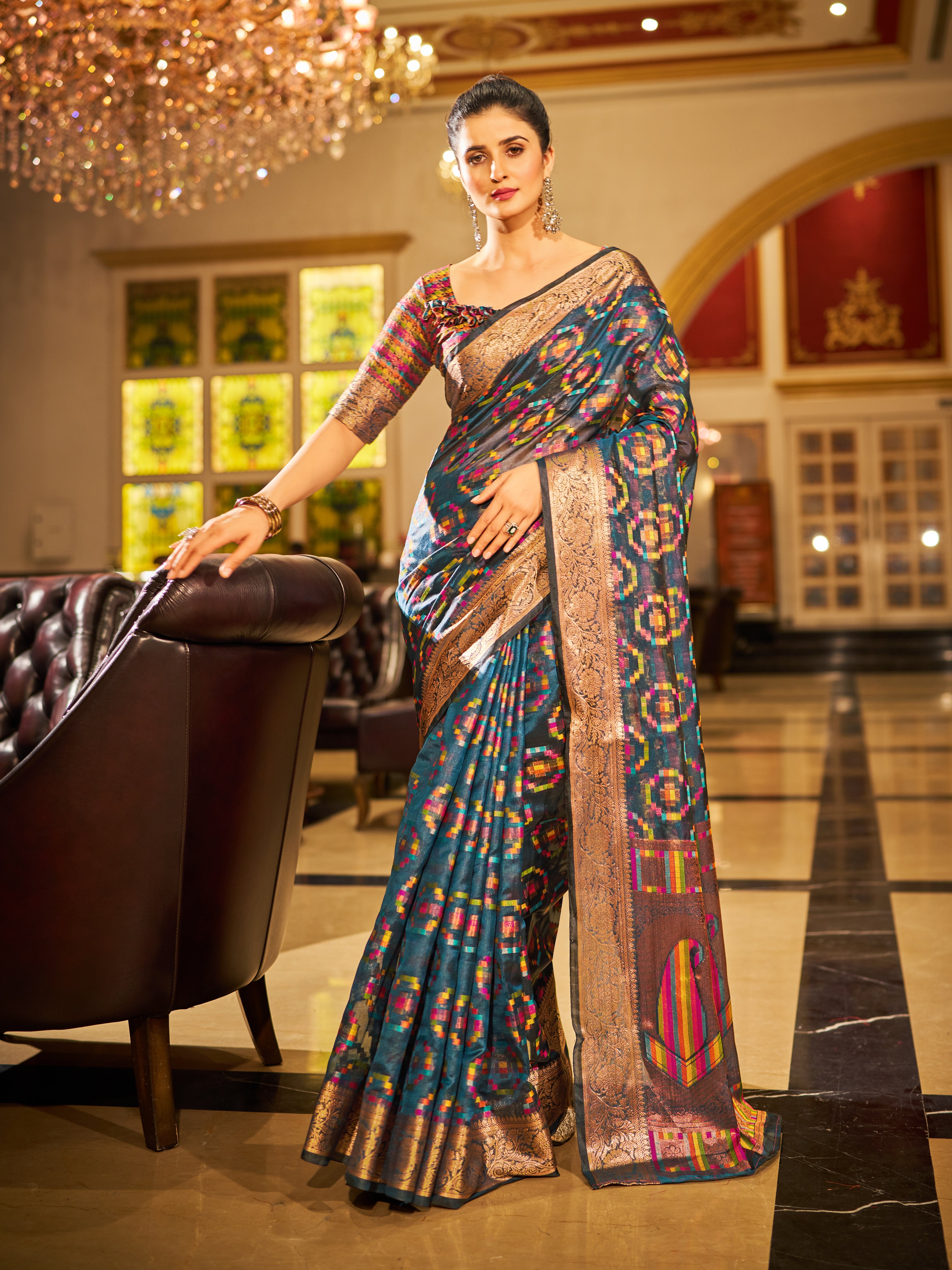 Grey and dazzling Gold Organza Saree With Unstitched Blouse