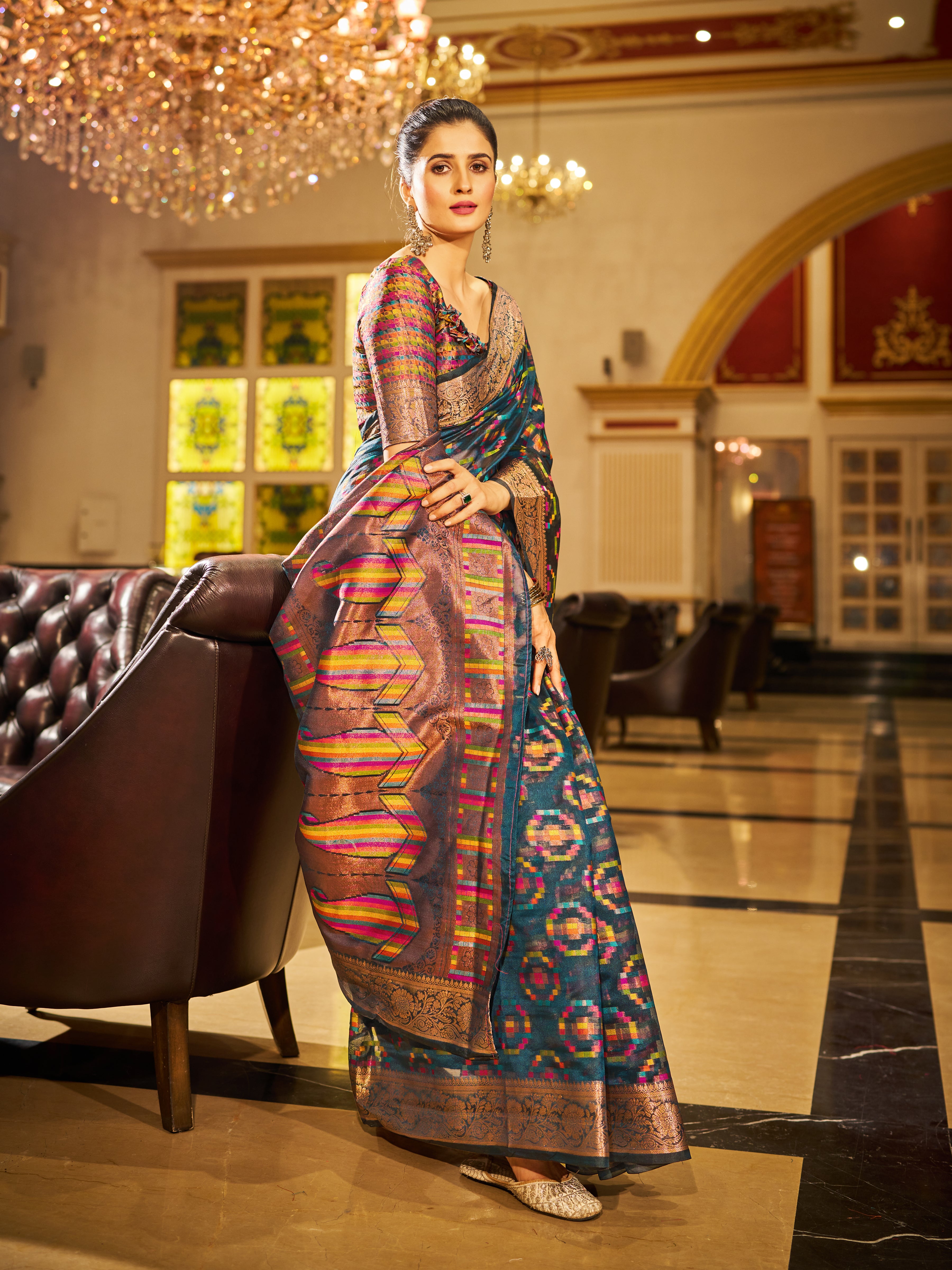 Grey and dazzling Gold Organza Saree With Unstitched Blouse