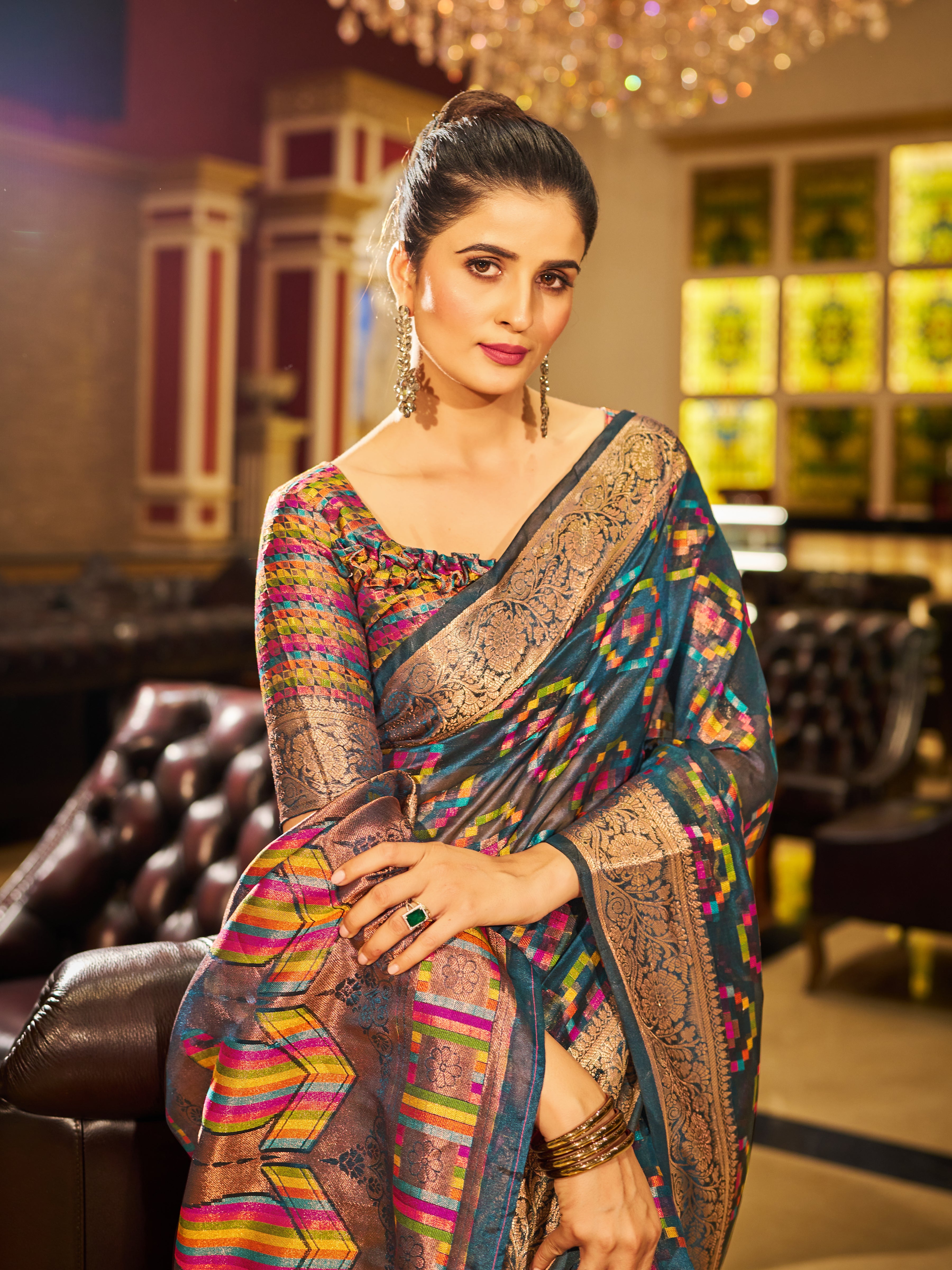 Grey and dazzling Gold Organza Saree With Unstitched Blouse