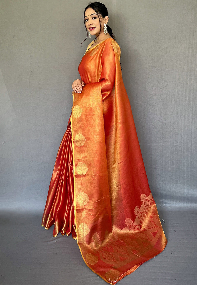 Orange Saffa Tissue Saree With Unstitched Blouse