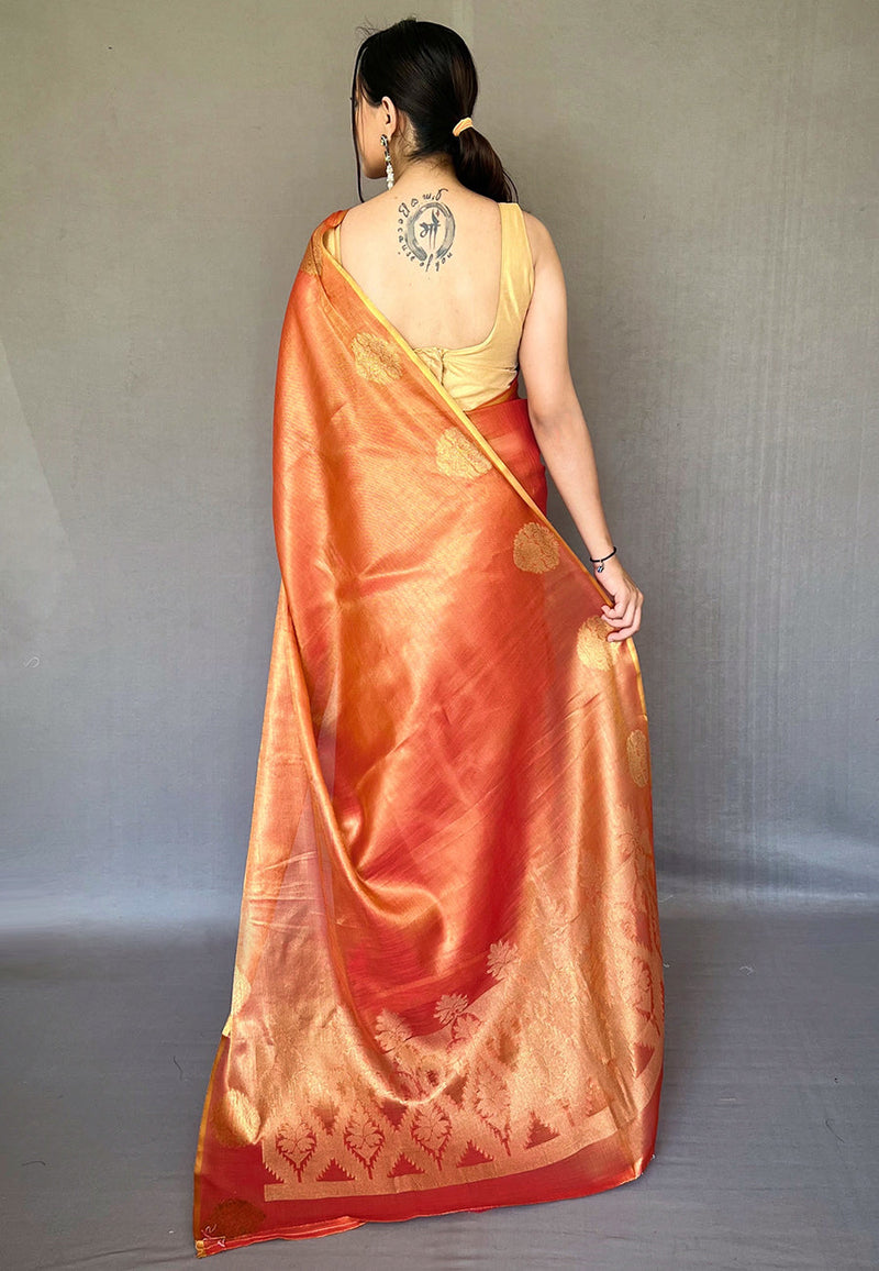 Orange Saffa Tissue Saree With Unstitched Blouse