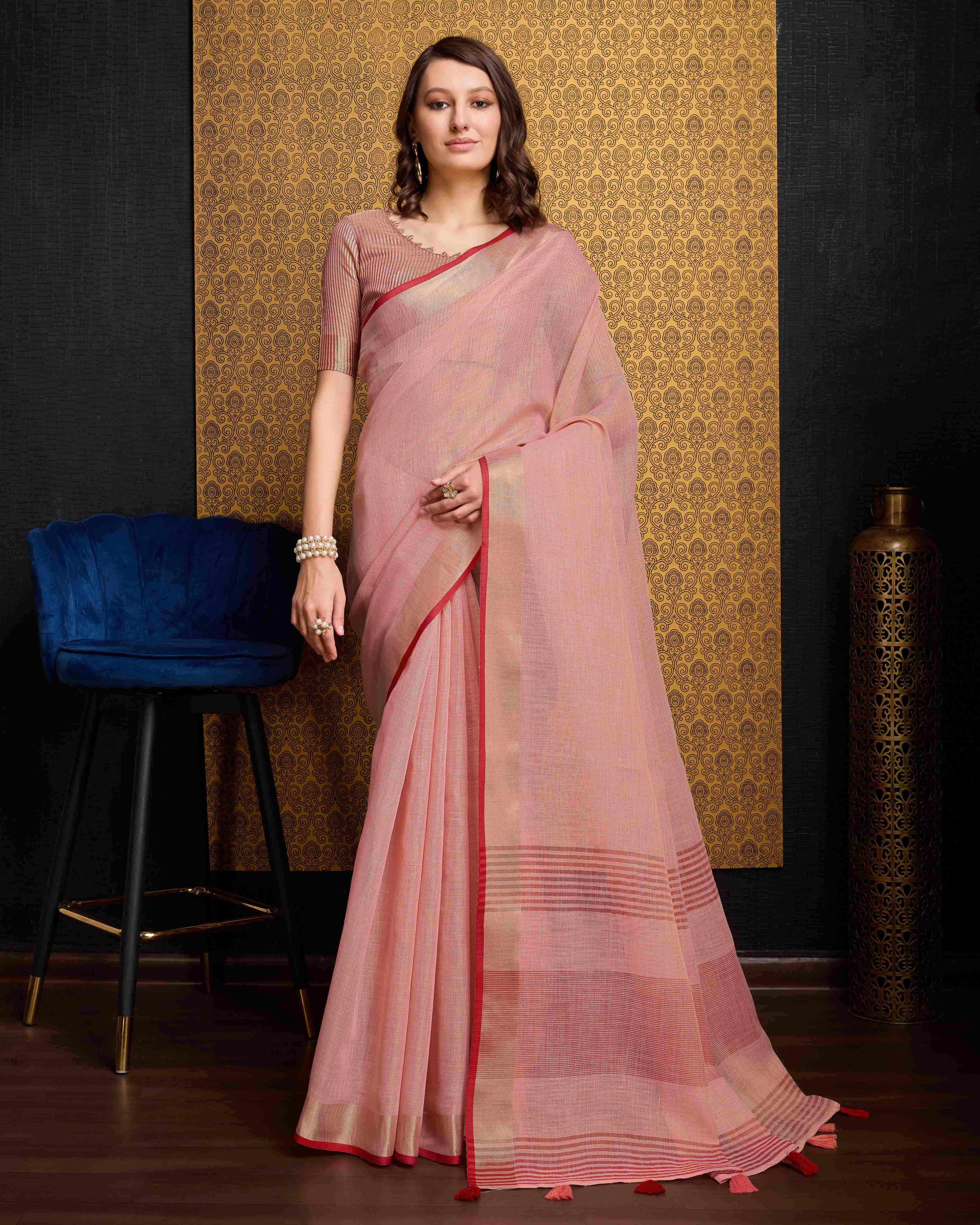 Peach  Cotton Linen Saree With Pure Cotton Unstitched Blouse Piece