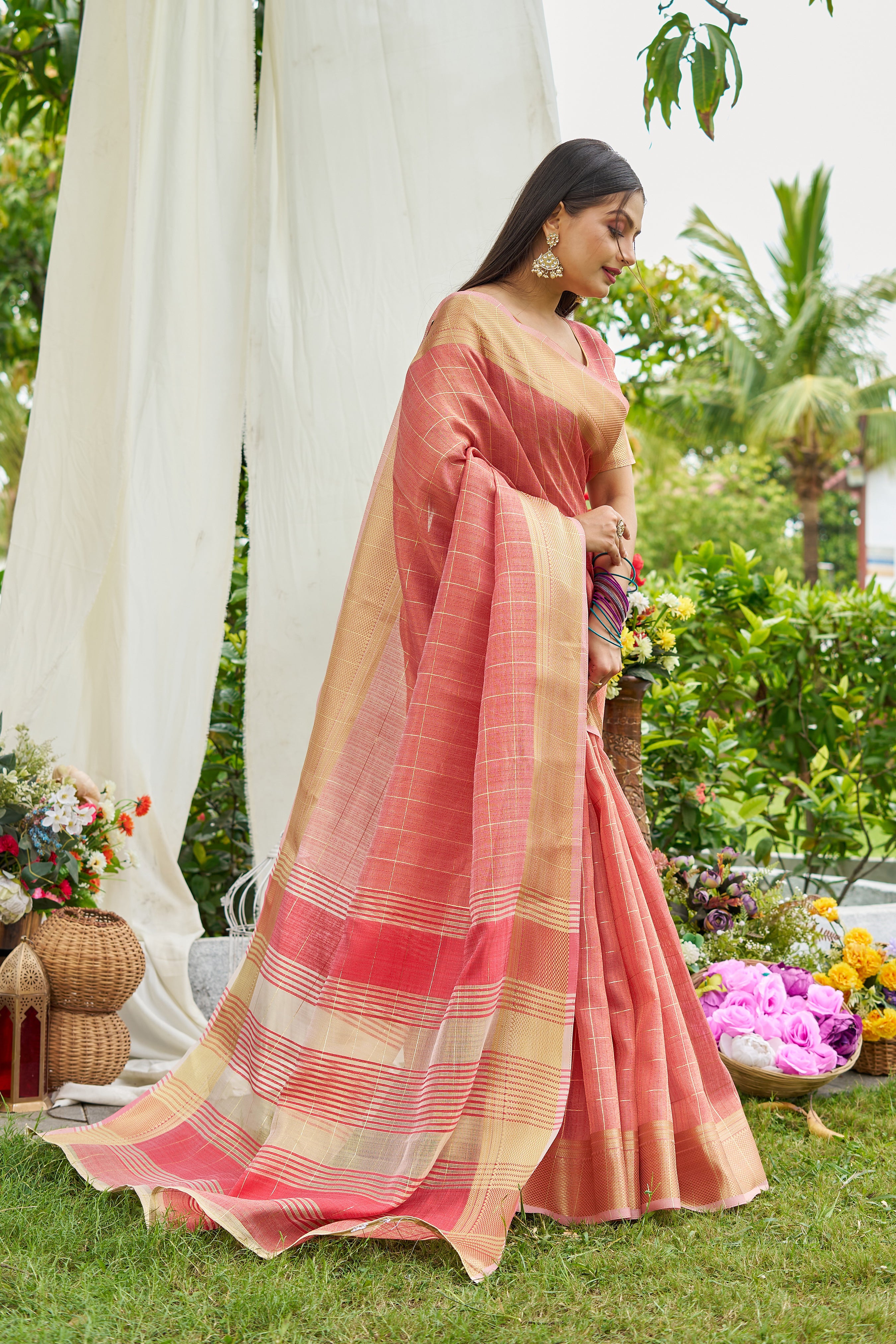 Peach Tissue Saree With Unstitched Blouse
