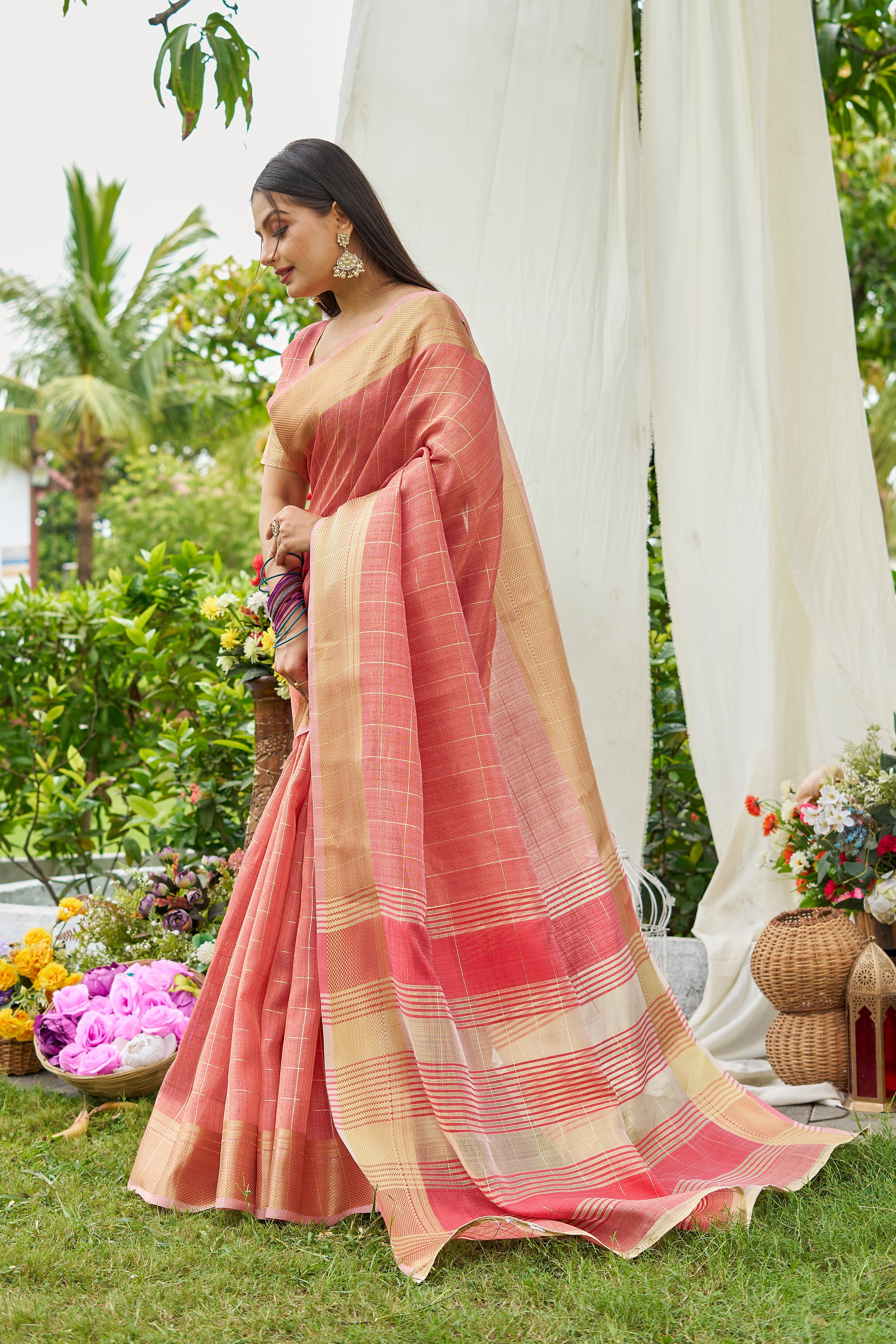 Peach Tissue Saree With Unstitched Blouse