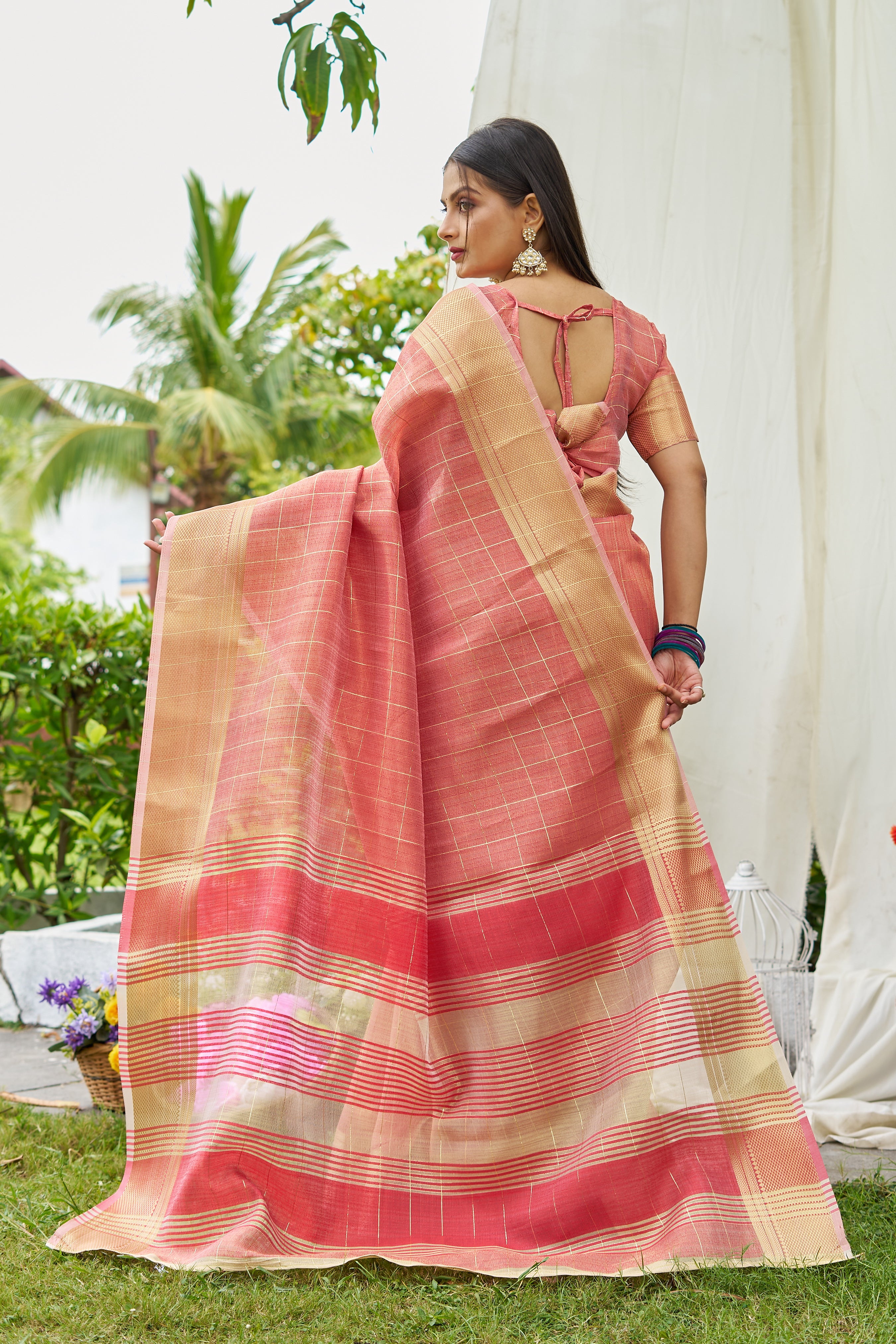 Peach Tissue Saree With Unstitched Blouse