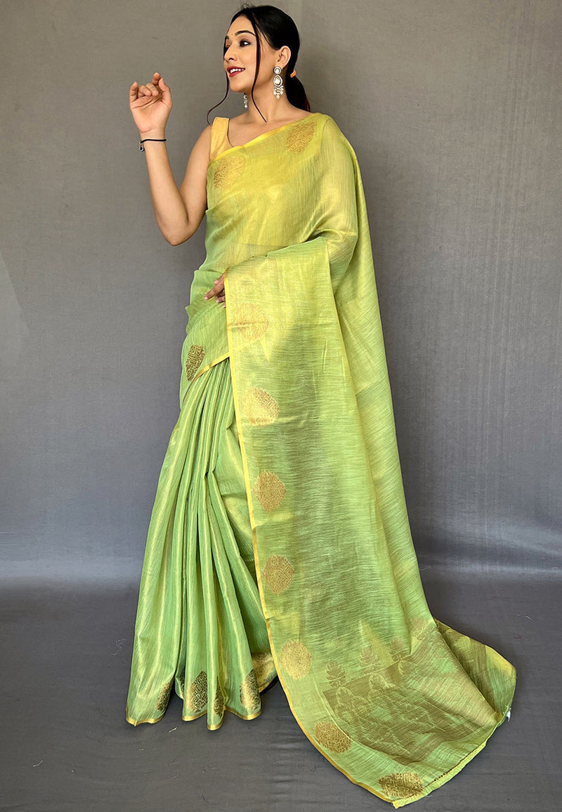 Pista Saffa Tissue Saree With Unstitched Blouse