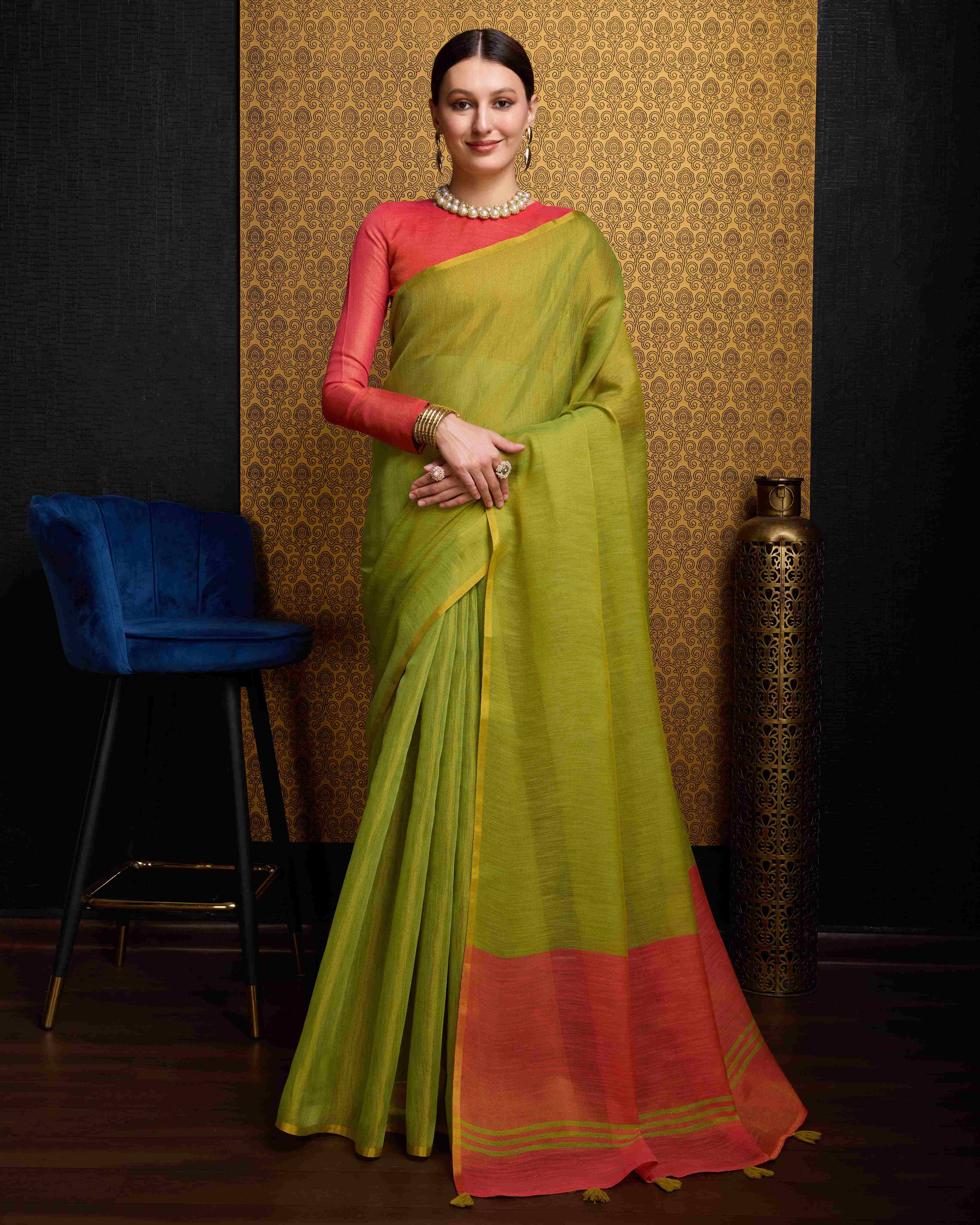 Pista Tissue Saree With Unstitched Blouse