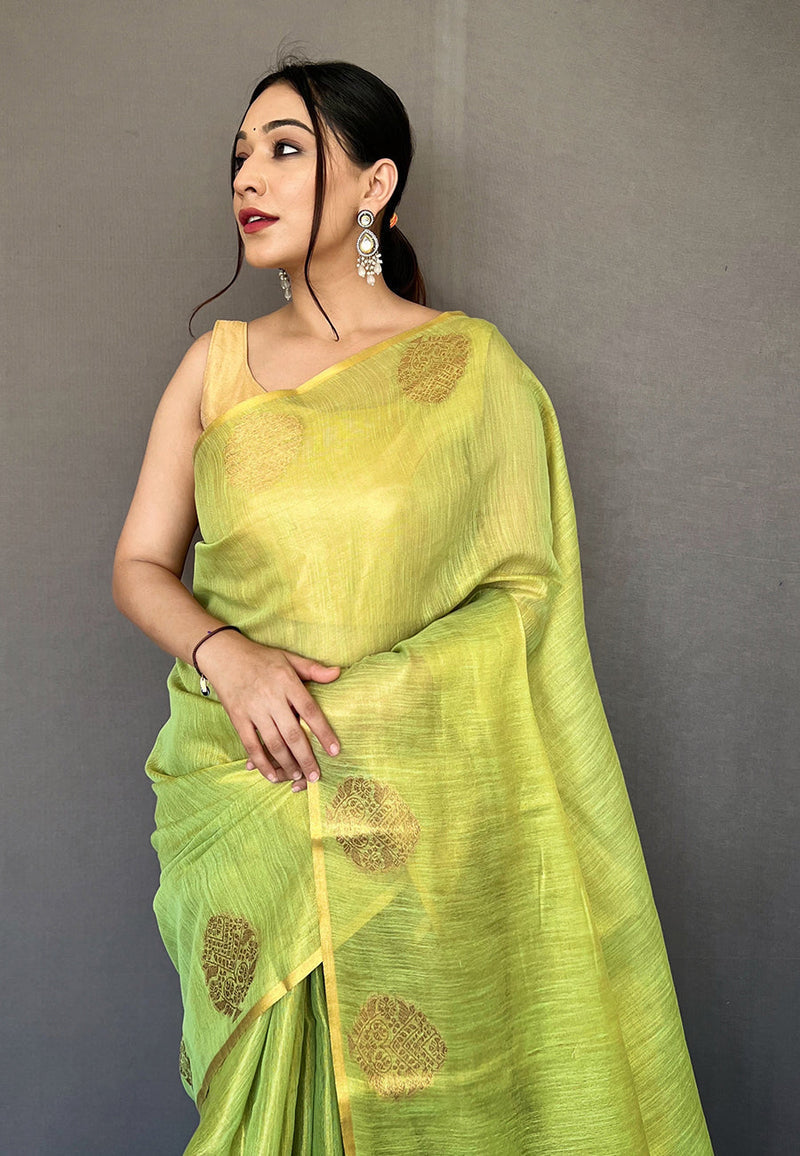 Pista Saffa Tissue Saree With Unstitched Blouse