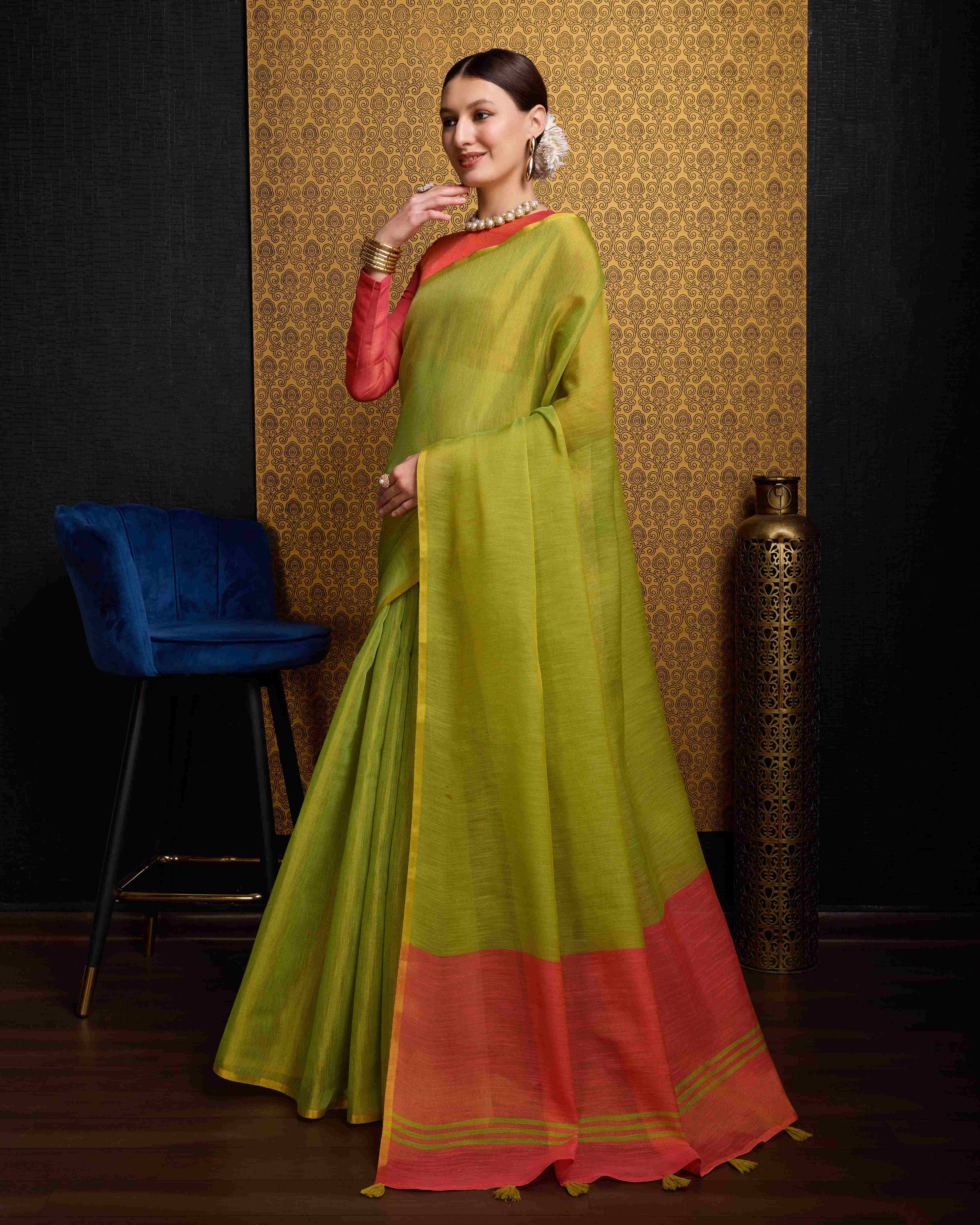 Pista Tissue Saree With Unstitched Blouse