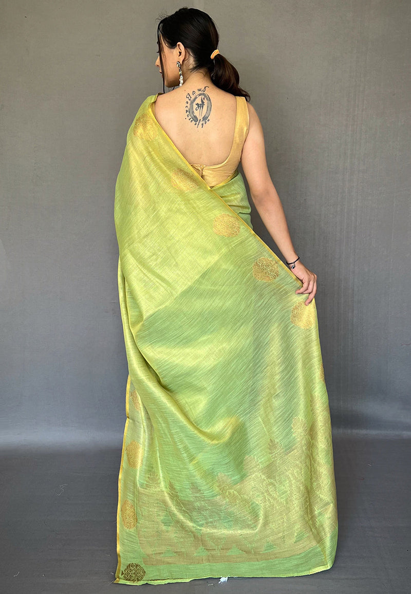 Pista Saffa Tissue Saree With Unstitched Blouse