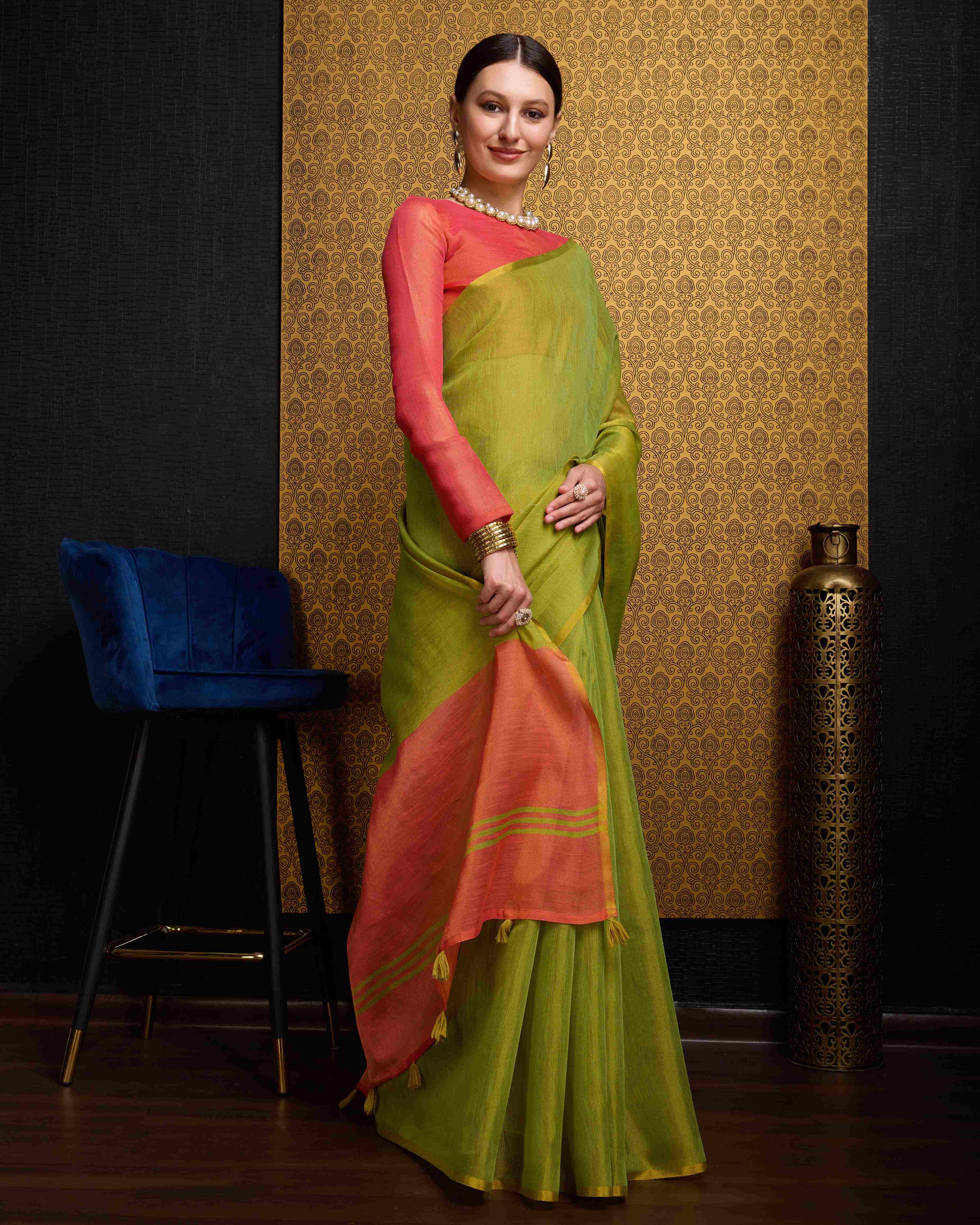 Pista Tissue Saree With Unstitched Blouse