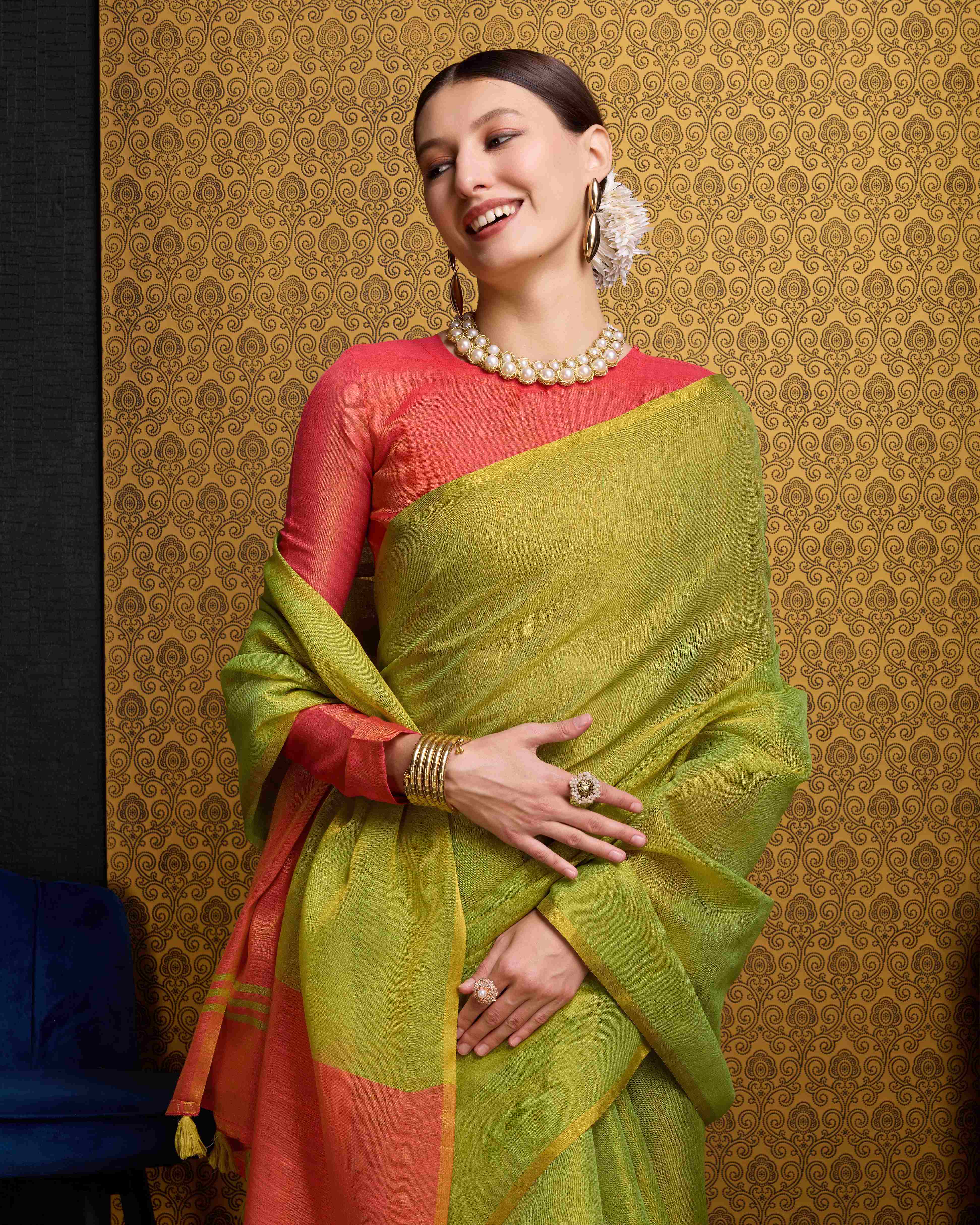 Pista Tissue Saree With Unstitched Blouse