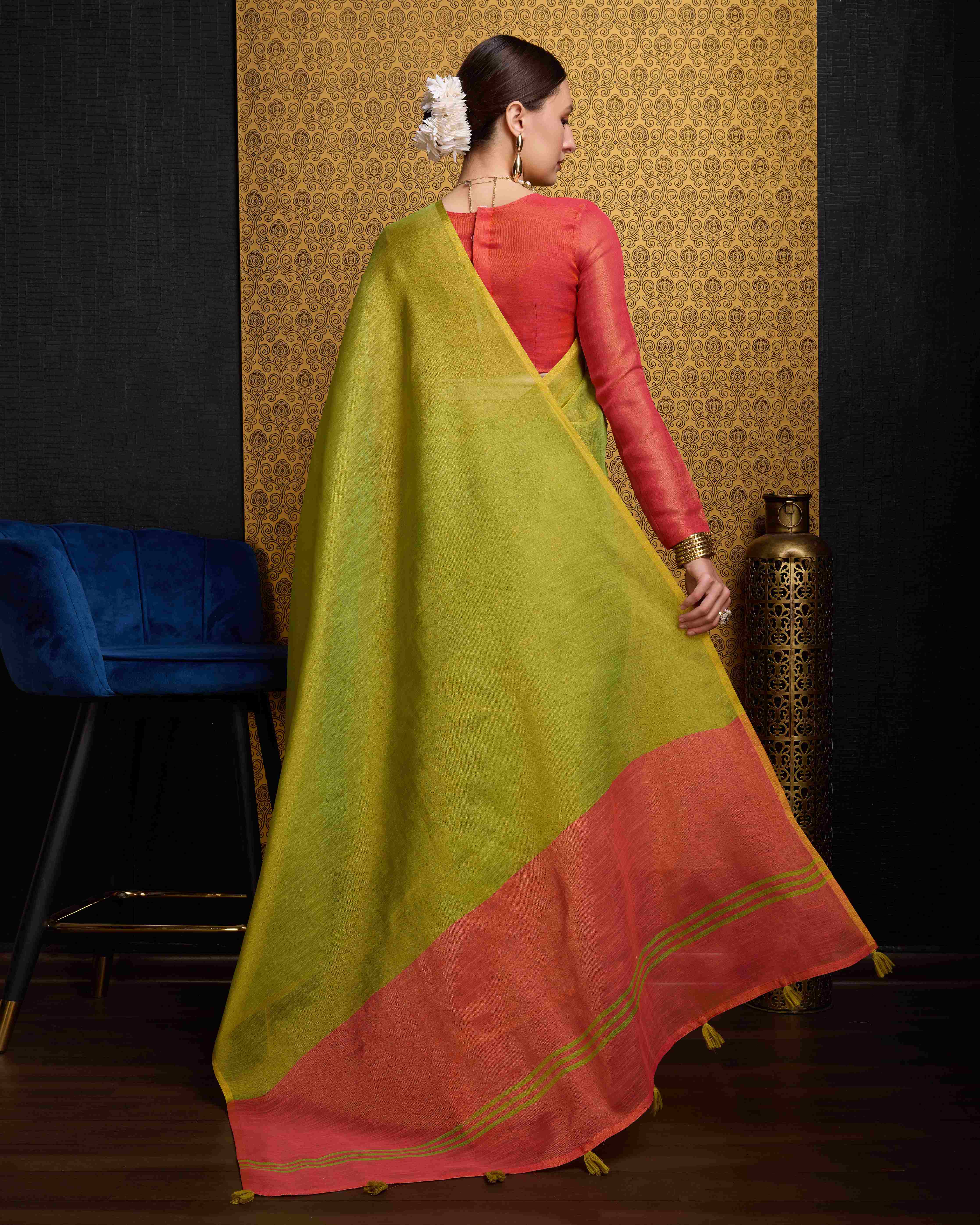 Pista Tissue Saree With Unstitched Blouse