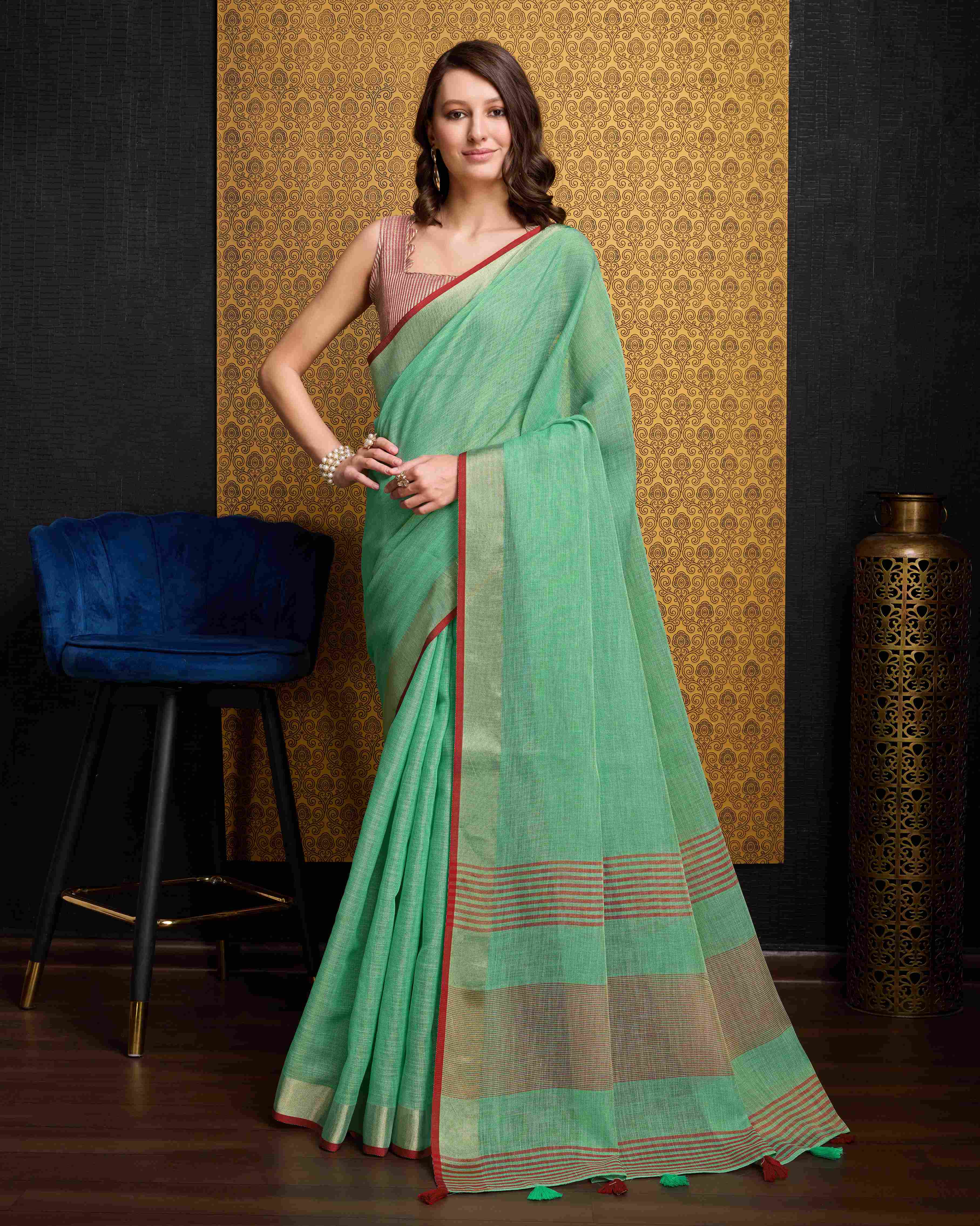 Sea Green Cotton Linen Saree With Pure Cotton Unstitched Blouse Piece
