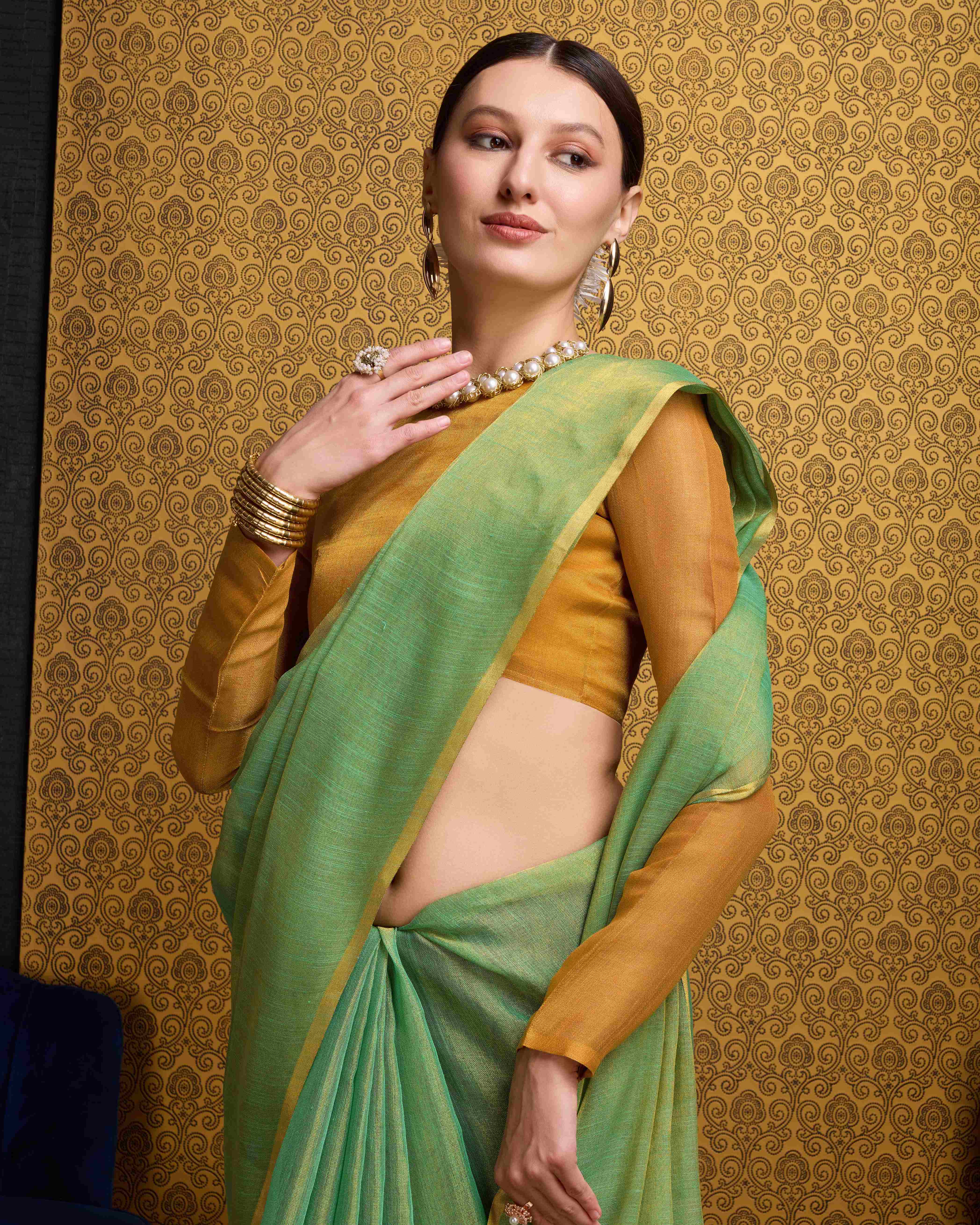 Sea Green Tissue Saree With Unstitched Blouse