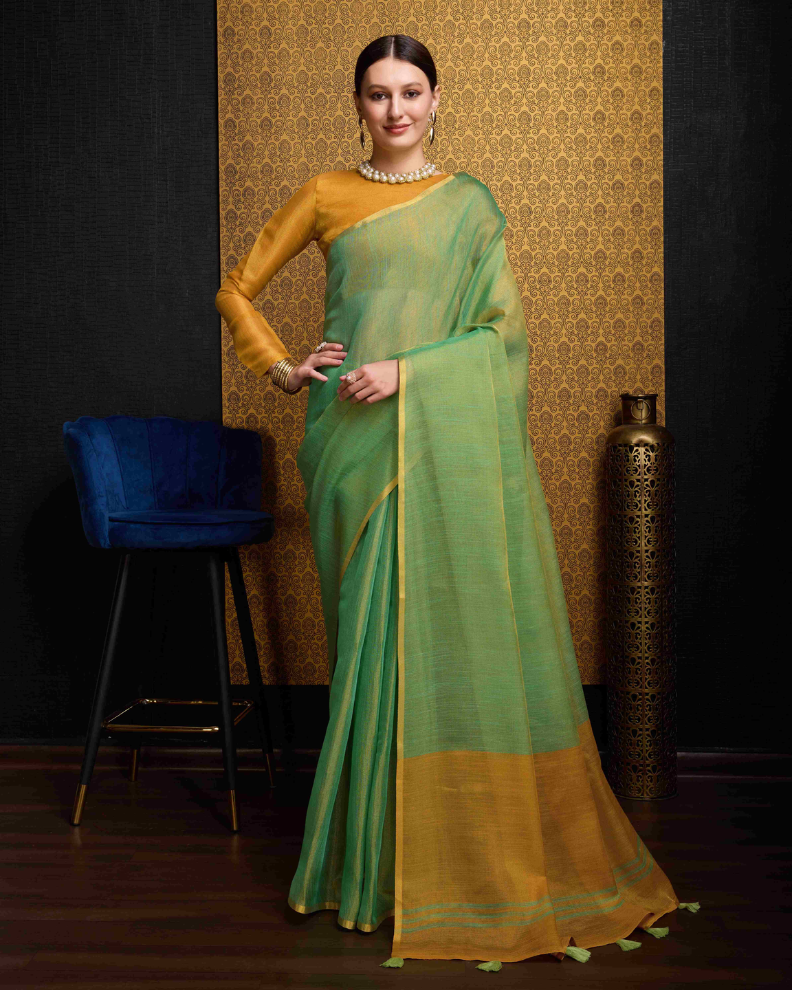 Sea Green Tissue Saree With Unstitched Blouse