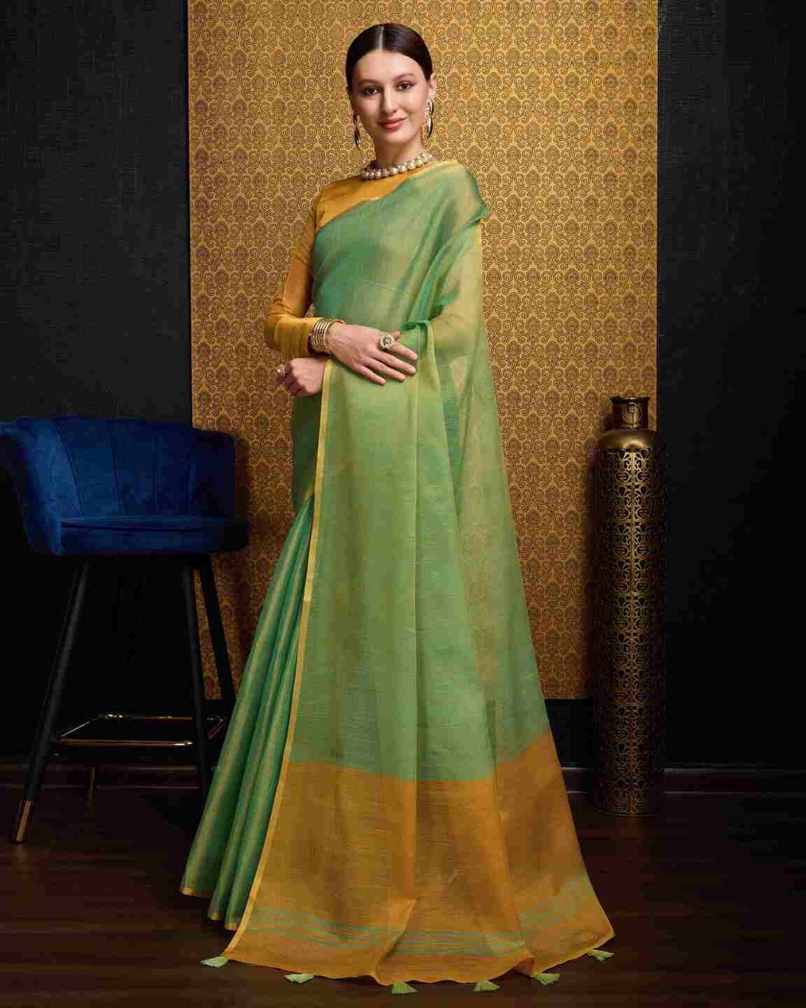 Sea Green Tissue Saree With Unstitched Blouse