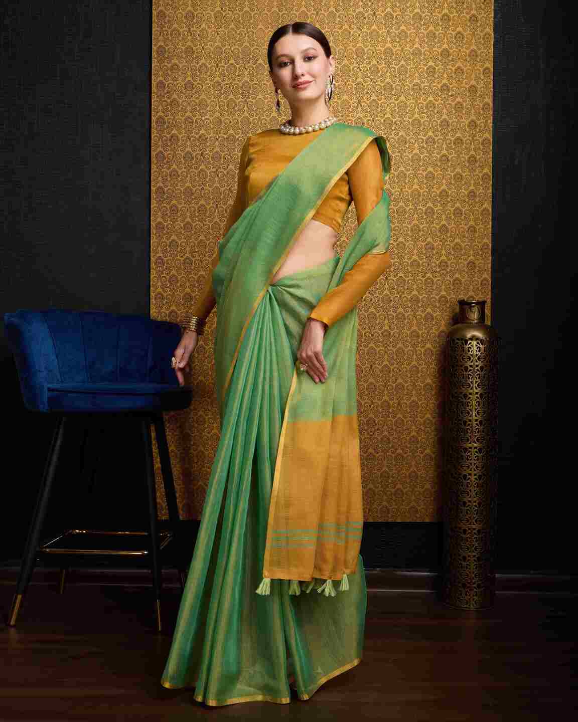 Sea Green Tissue Saree With Unstitched Blouse