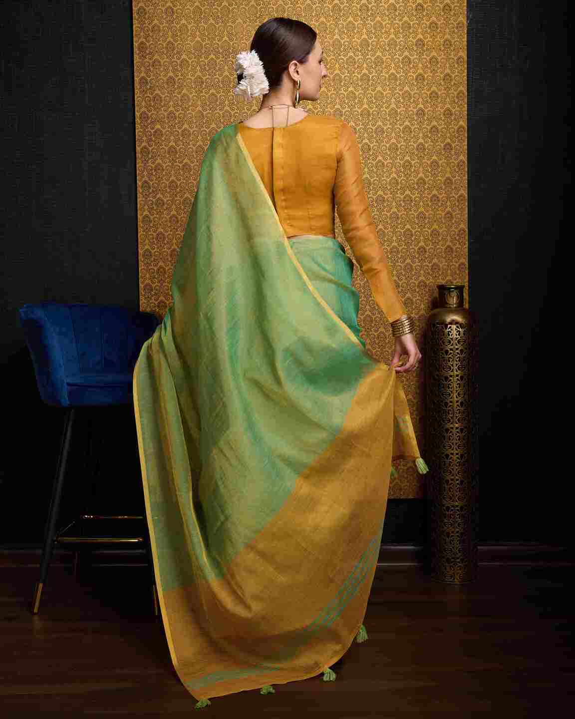 Sea Green Tissue Saree With Unstitched Blouse