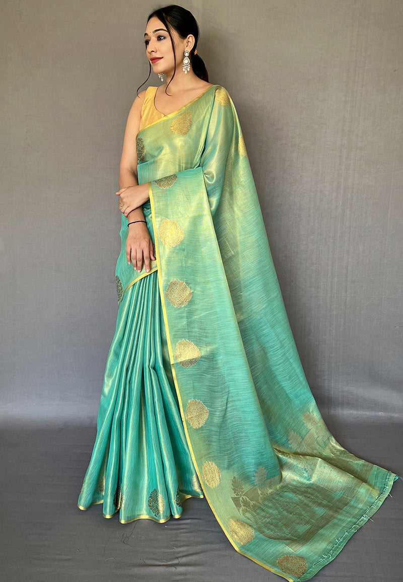 Sky Blue Saffa Tissue Saree With Unstitched Blouse