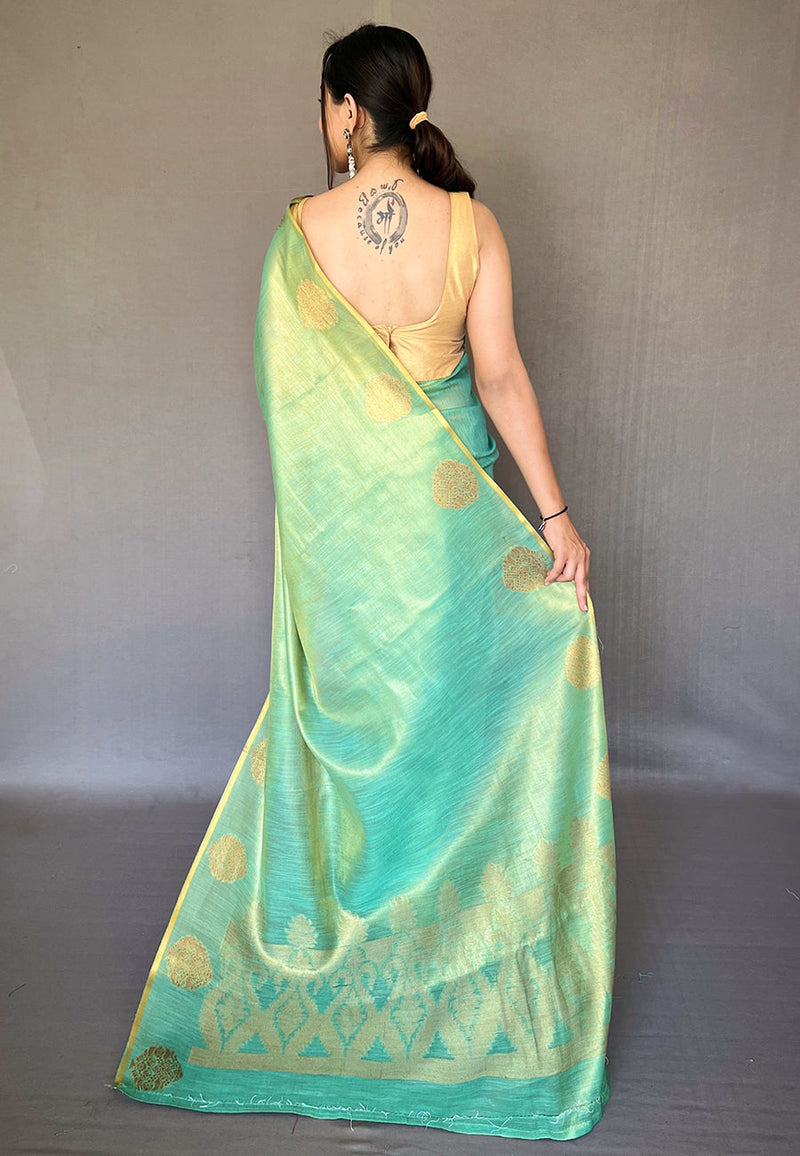 Sky Blue Saffa Tissue Saree With Unstitched Blouse