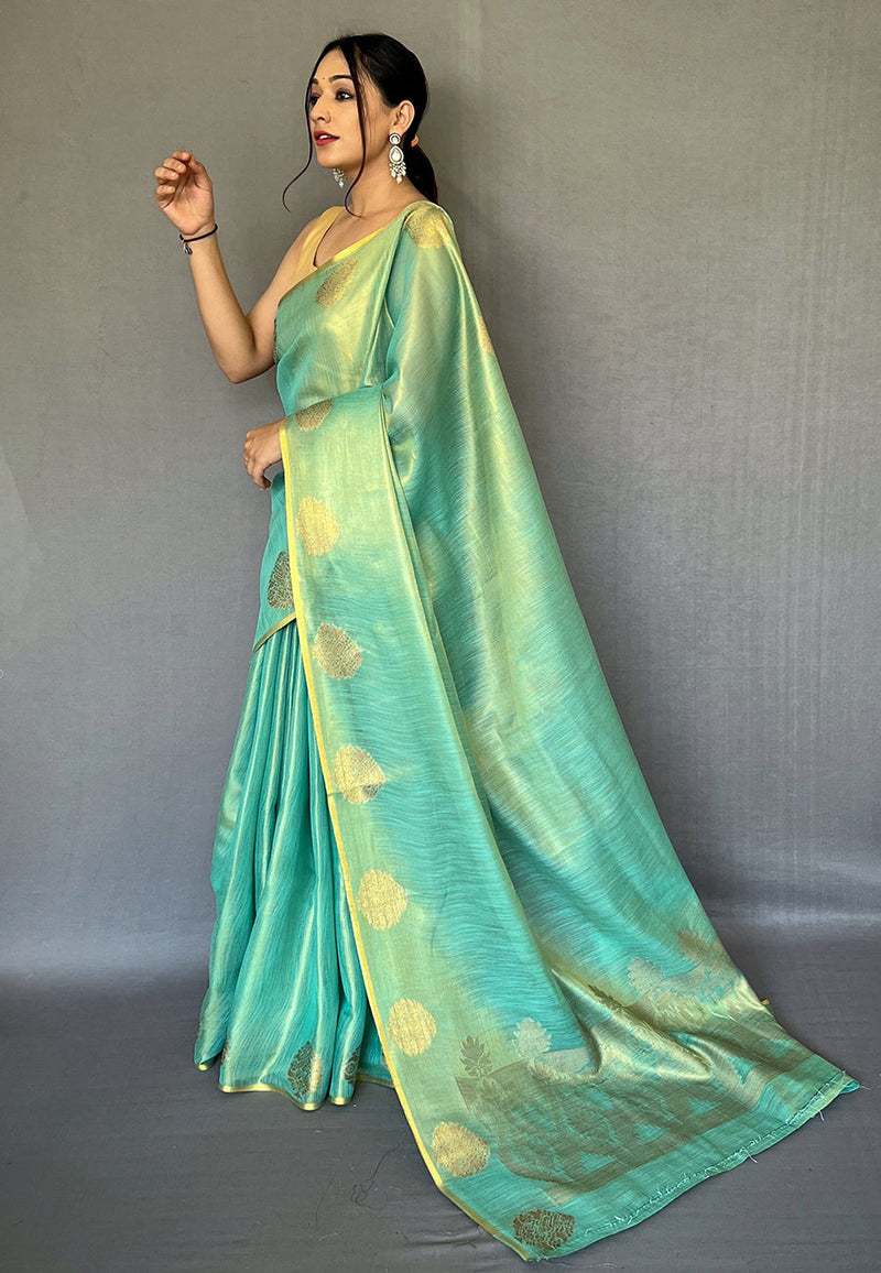 Sky Blue Saffa Tissue Saree With Unstitched Blouse