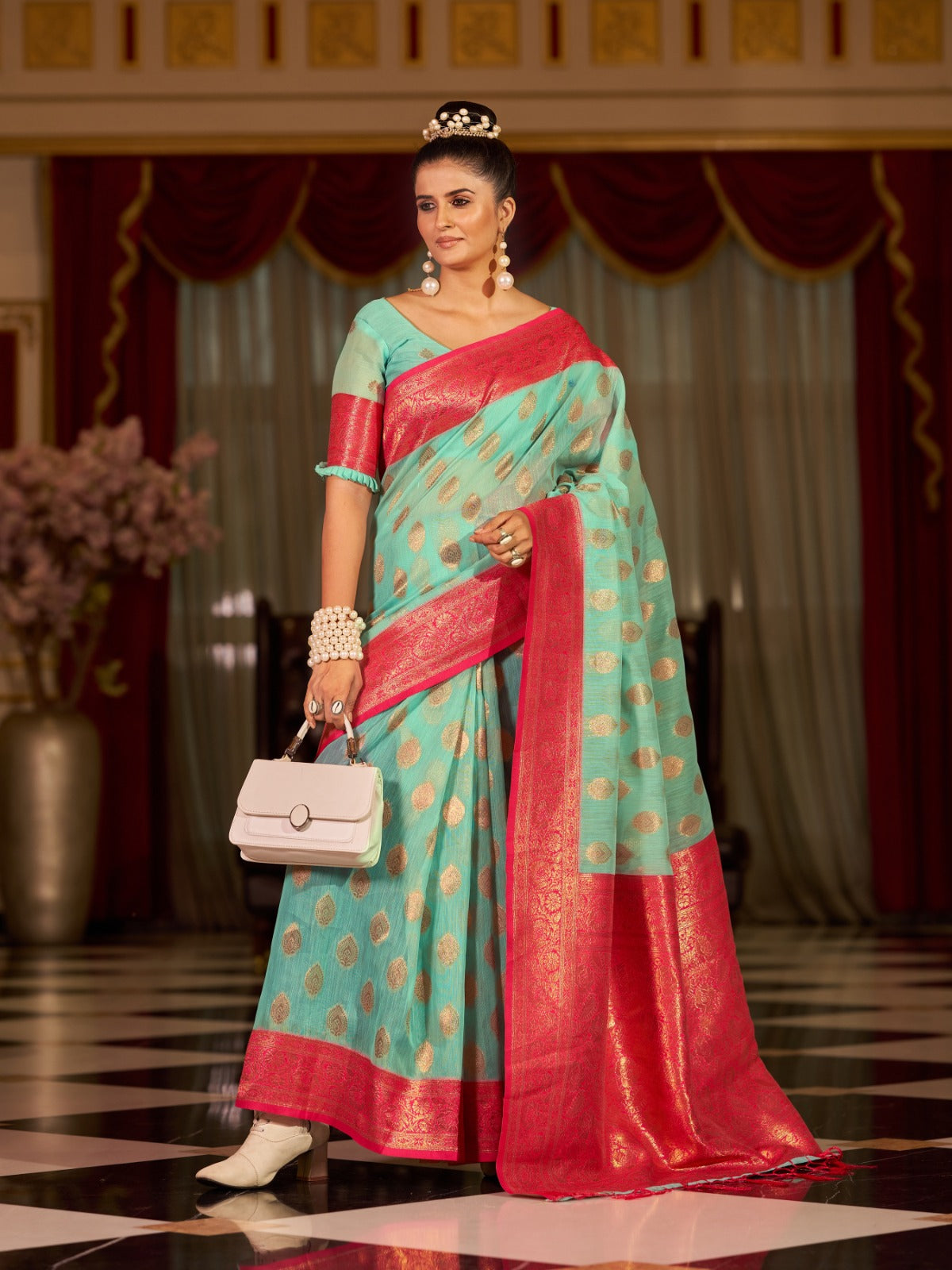 Turquoise Cotton Linen Saree With Pure Cotton Unstitched Blouse Piece