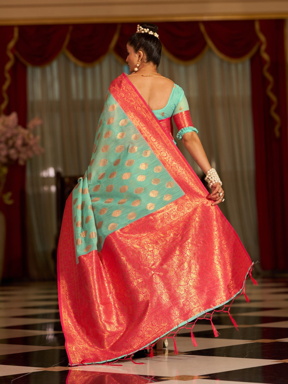 Turquoise Cotton Linen Saree With Pure Cotton Unstitched Blouse Piece