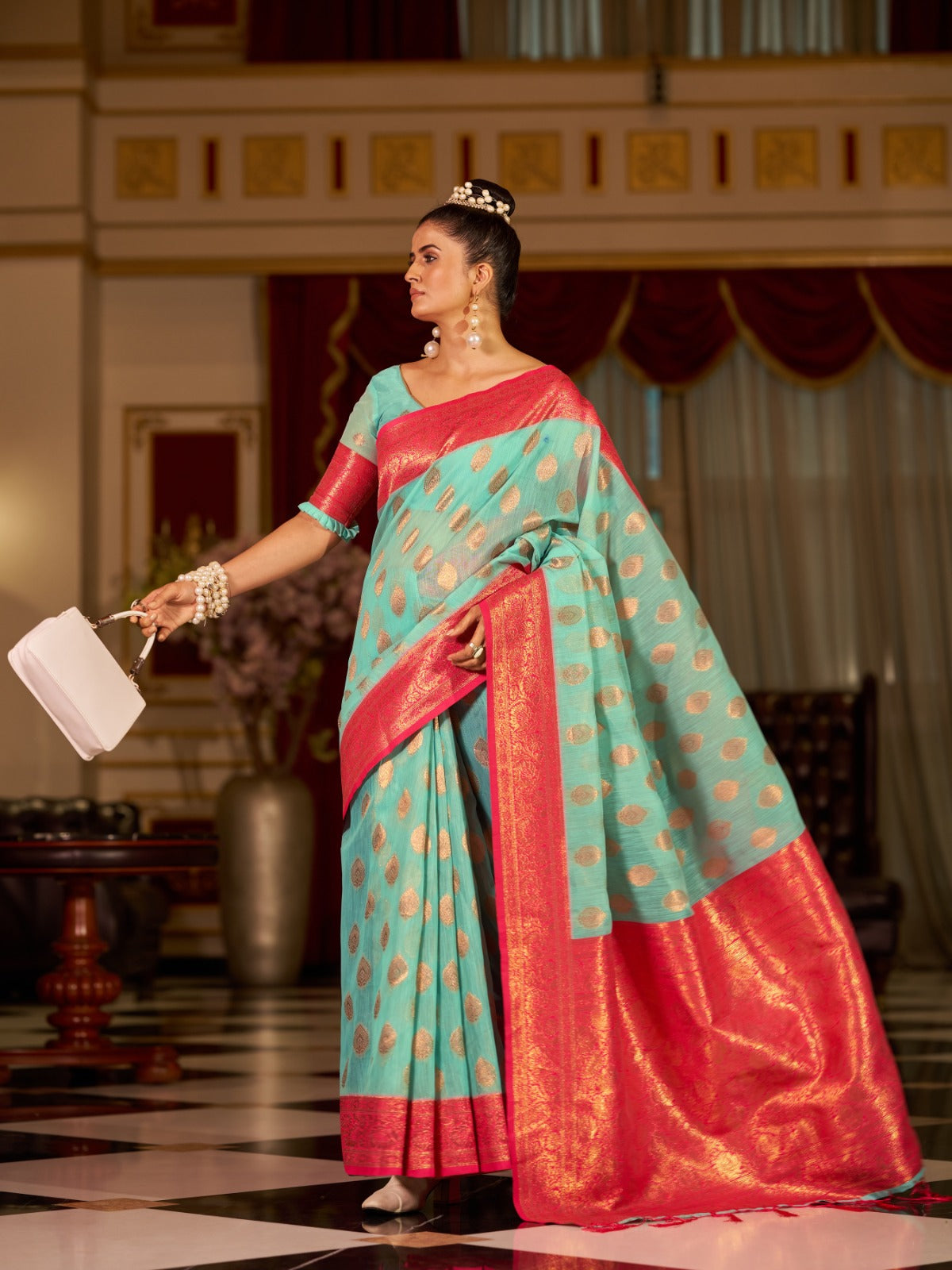 Turquoise Cotton Linen Saree With Pure Cotton Unstitched Blouse Piece