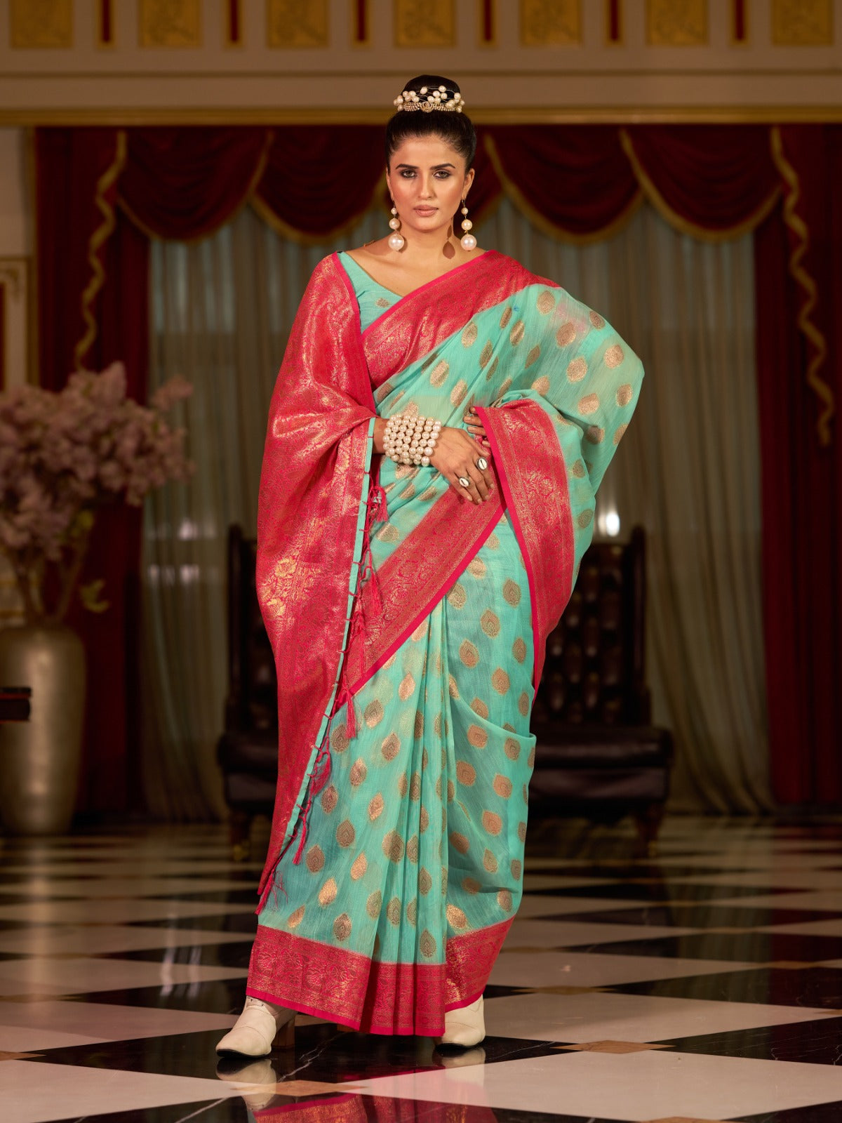 Turquoise Cotton Linen Saree With Pure Cotton Unstitched Blouse Piece