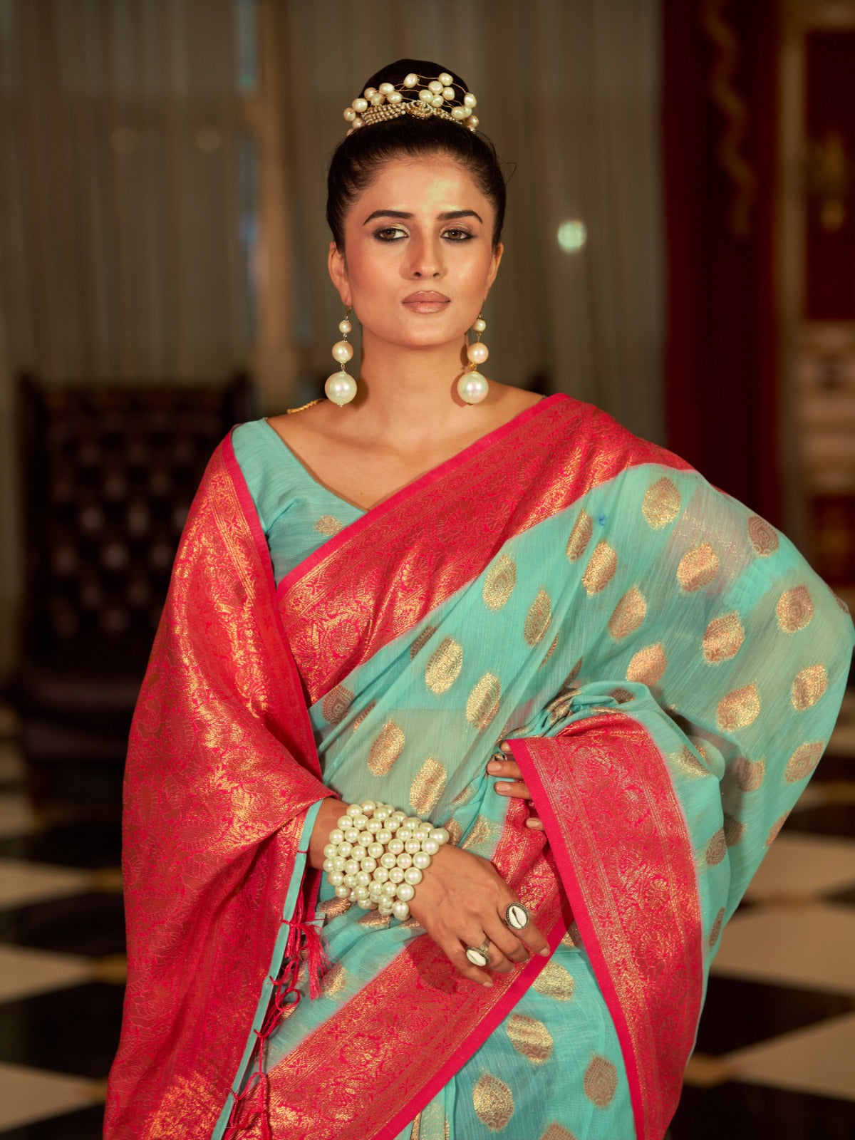 Turquoise Cotton Linen Saree With Pure Cotton Unstitched Blouse Piece