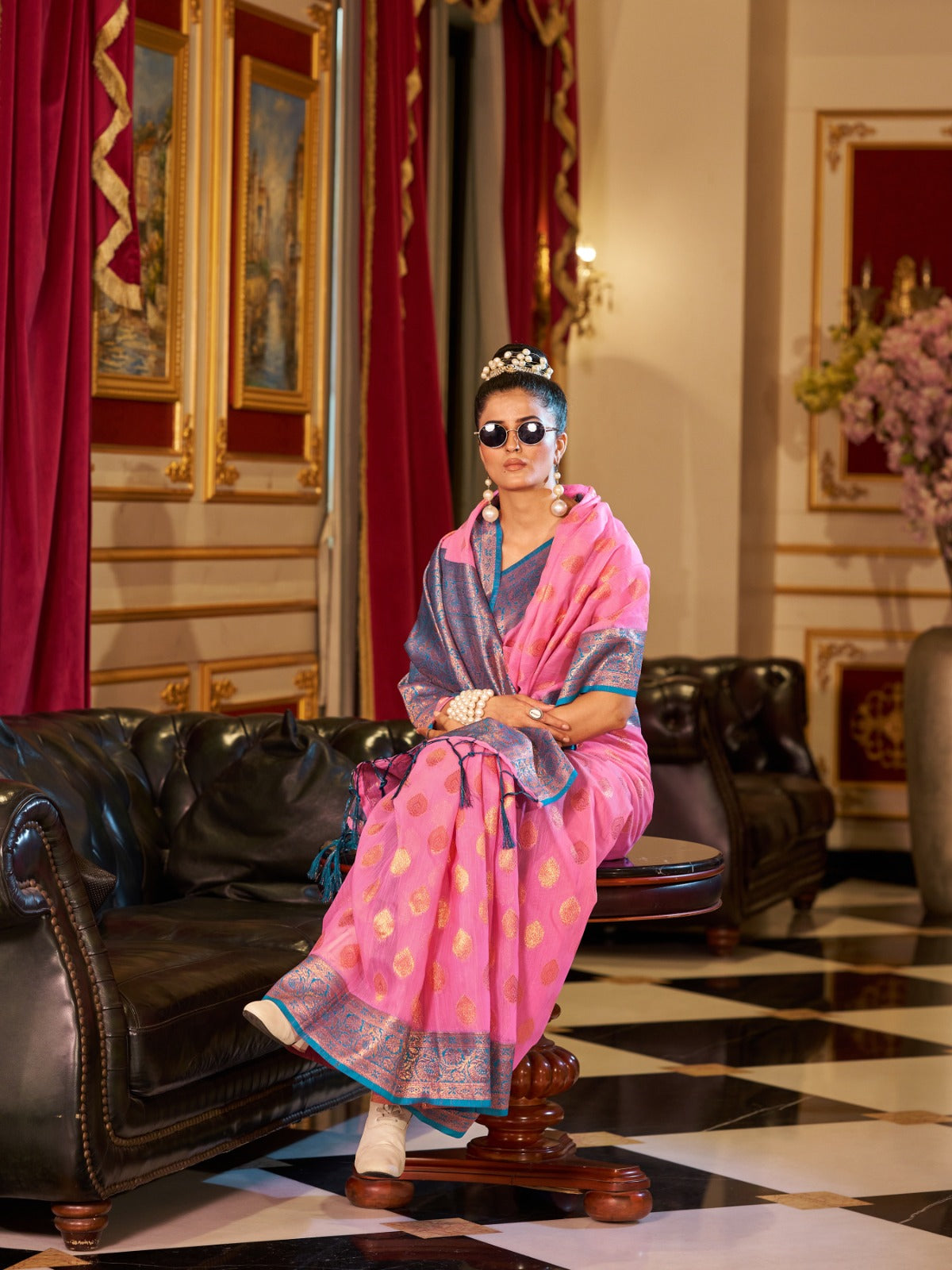 Pink  Cotton Linen Saree With Pure Cotton Unstitched Blouse Piece