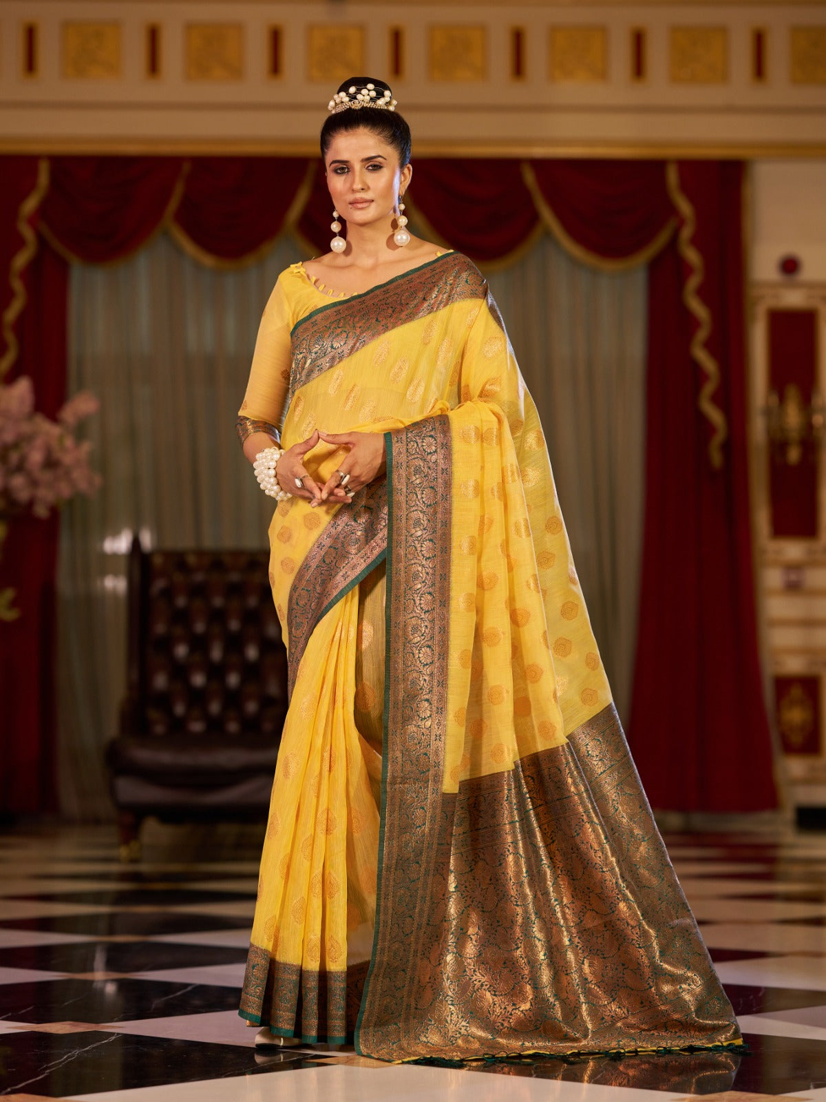 Yellow Cotton Linen Saree With Pure Cotton Unstitched Blouse Piece