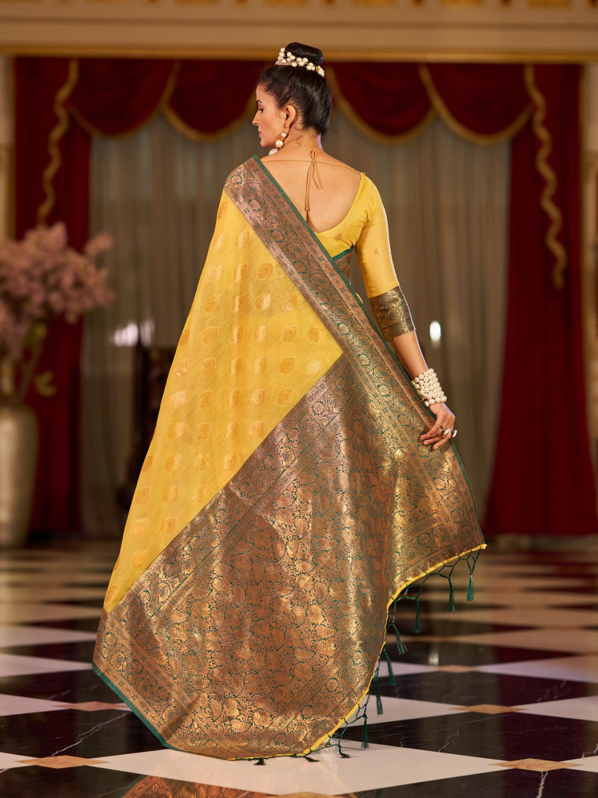 Yellow Cotton Linen Saree With Pure Cotton Unstitched Blouse Piece