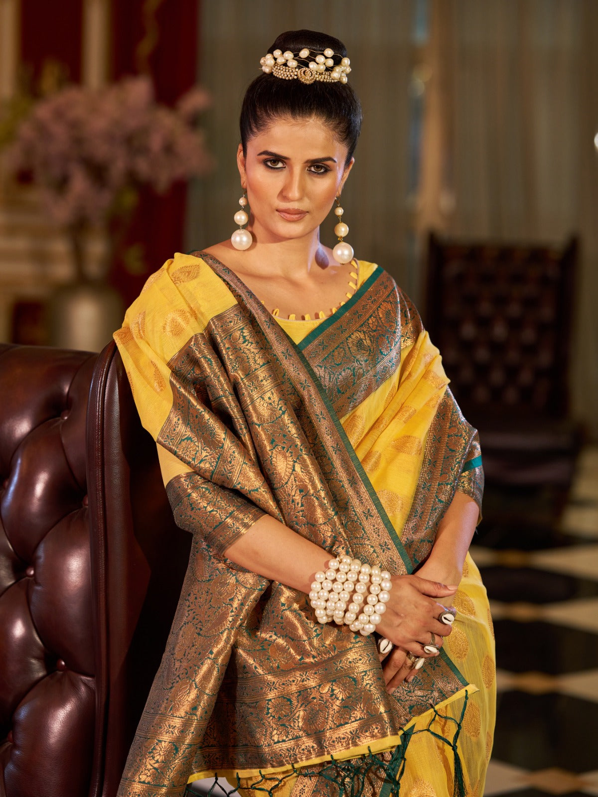 Yellow Cotton Linen Saree With Pure Cotton Unstitched Blouse Piece