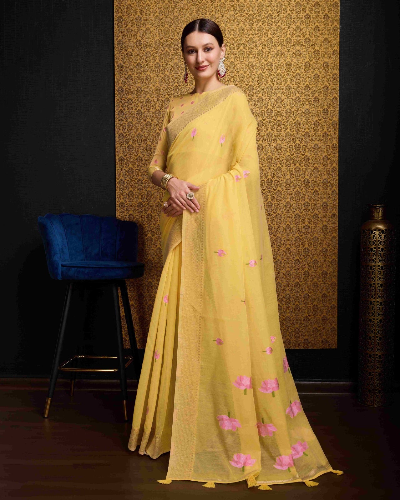 Yellow Cotton Linen Saree With Pure Cotton Unstitched Blouse Piece