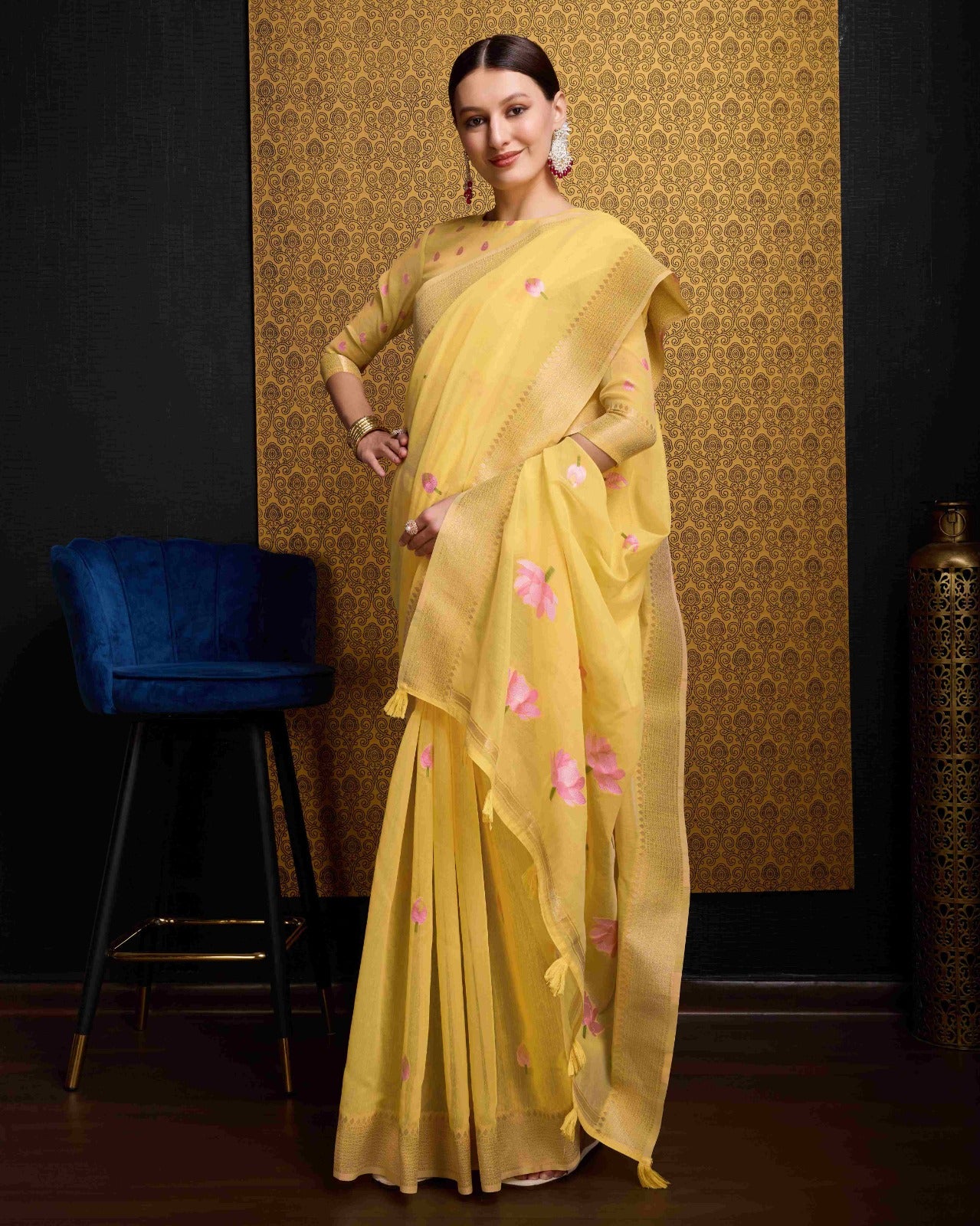Yellow Cotton Linen Saree With Pure Cotton Unstitched Blouse Piece