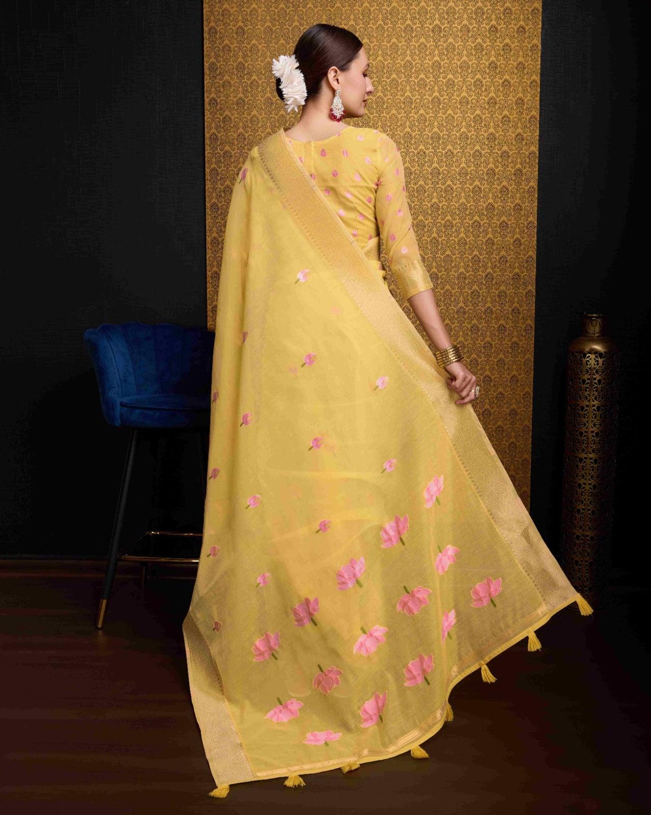Yellow Cotton Linen Saree With Pure Cotton Unstitched Blouse Piece