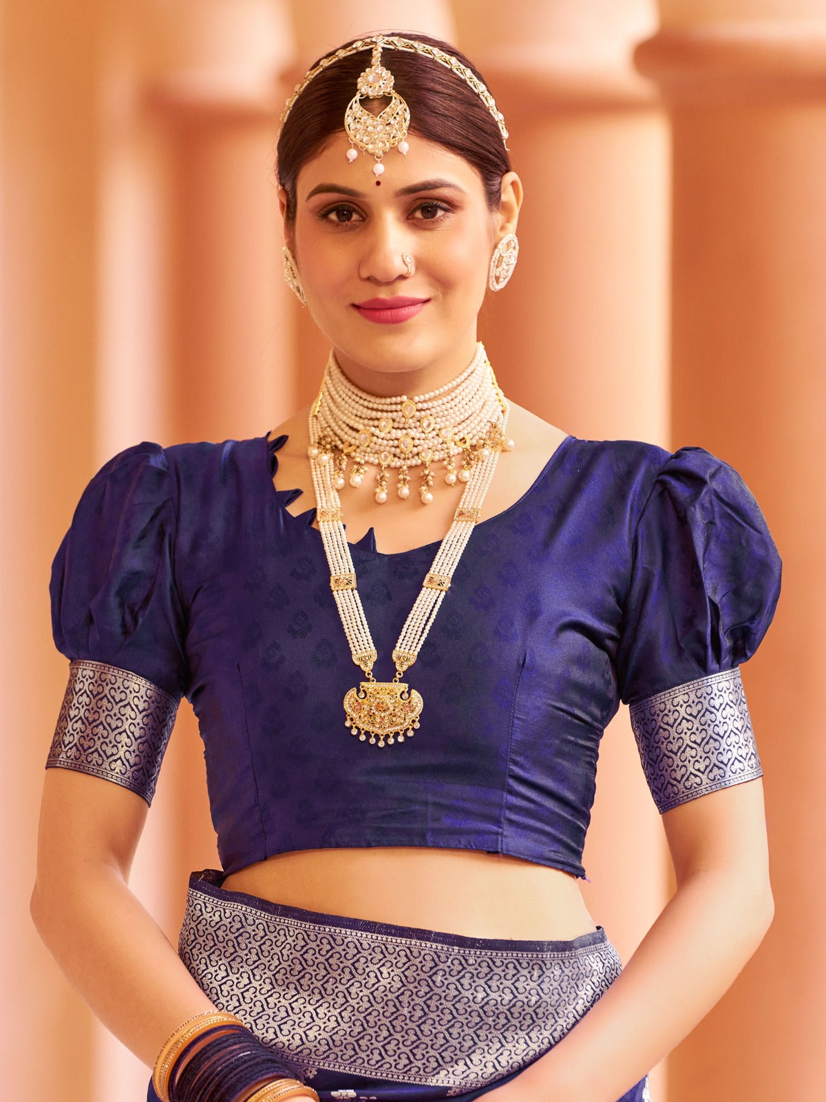 Dark Blue Silk Saree With Unstitched Blouse Piece