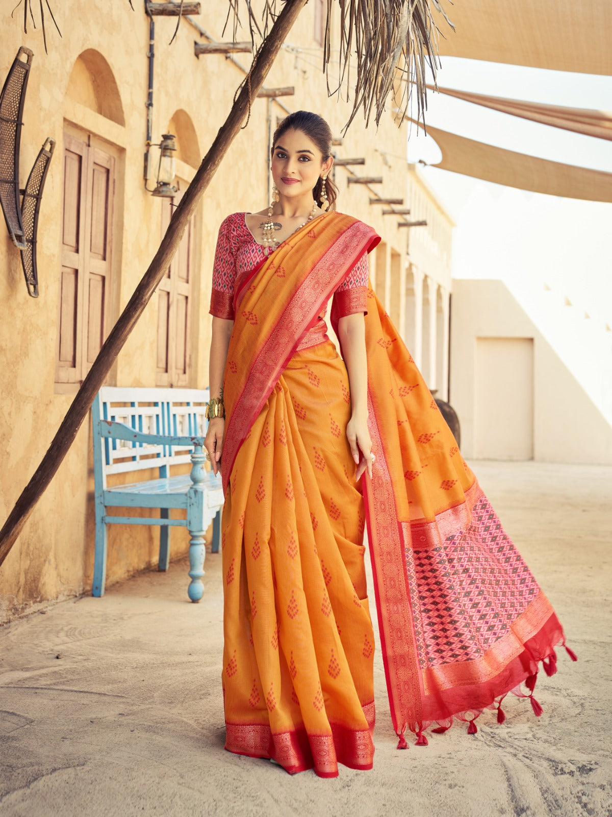 Orange Raw Silk Saree With Silk Unstitched Blouse Piece