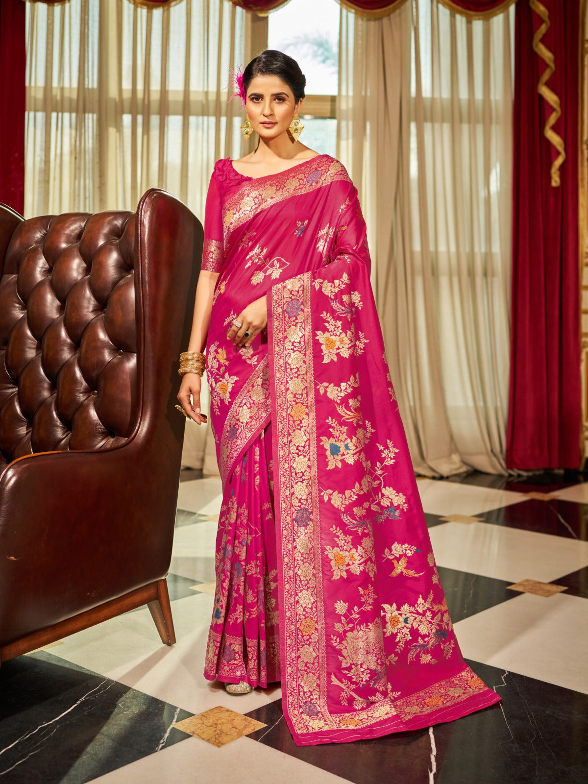 Hot Pink Silk Saree With Pure Slik Unstitched Blouse Piece