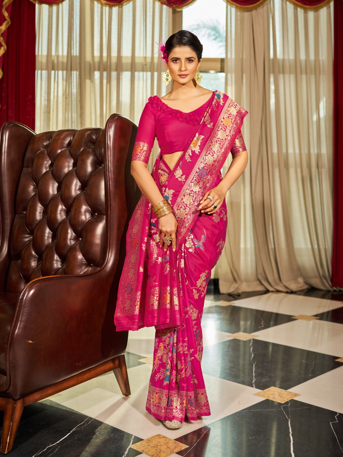 Hot Pink Silk Saree With Pure Slik Unstitched Blouse Piece