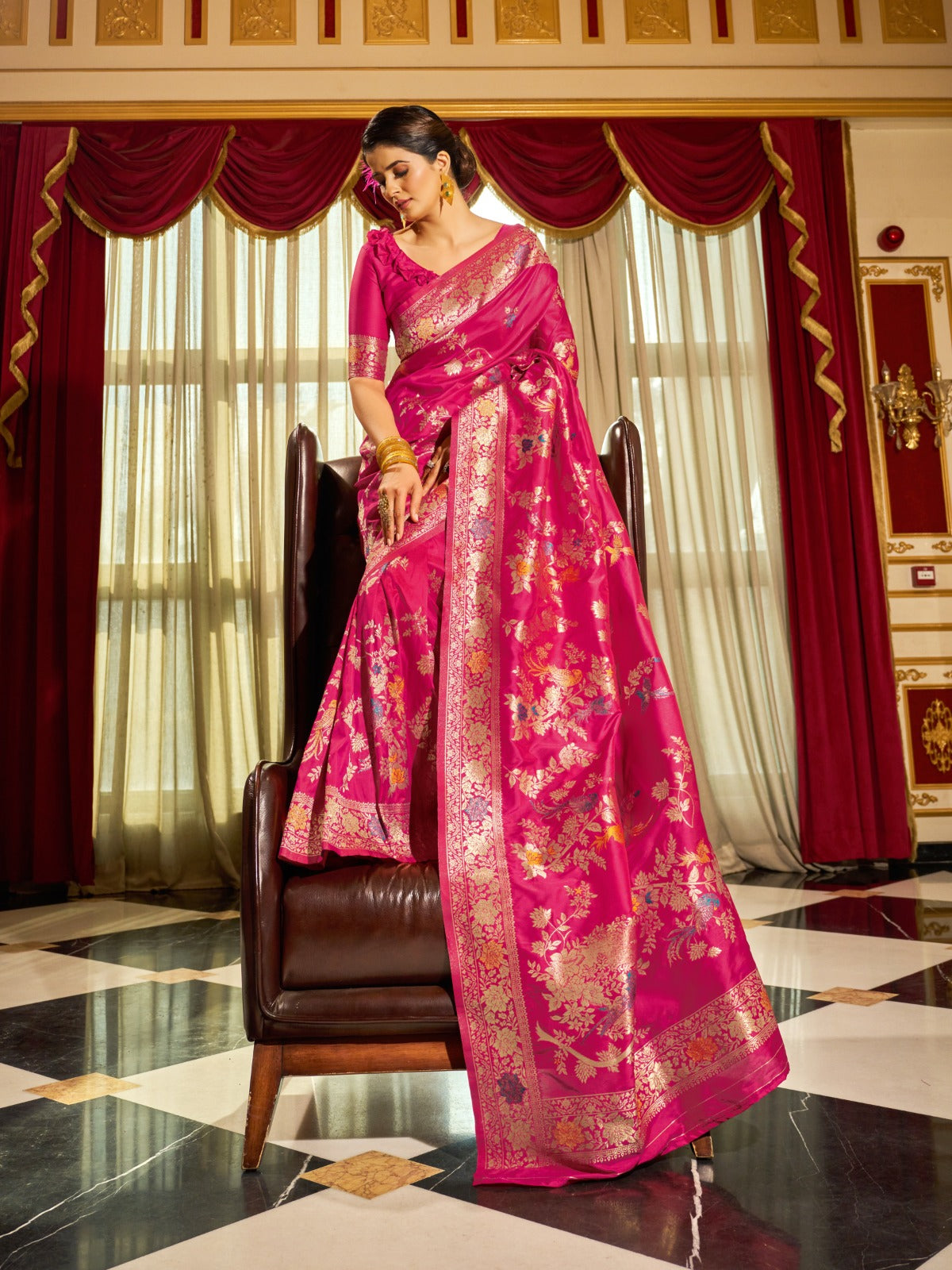 Hot Pink Silk Saree With Pure Slik Unstitched Blouse Piece