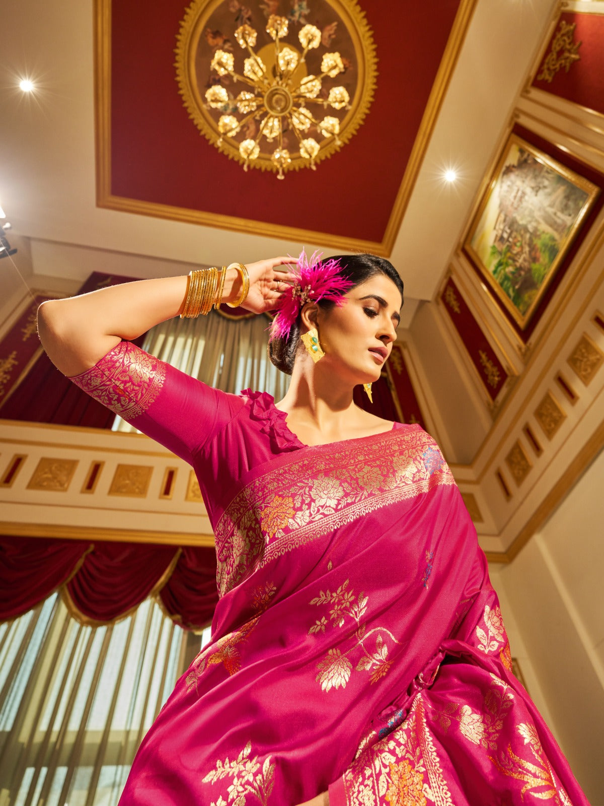 Hot Pink Silk Saree With Pure Slik Unstitched Blouse Piece