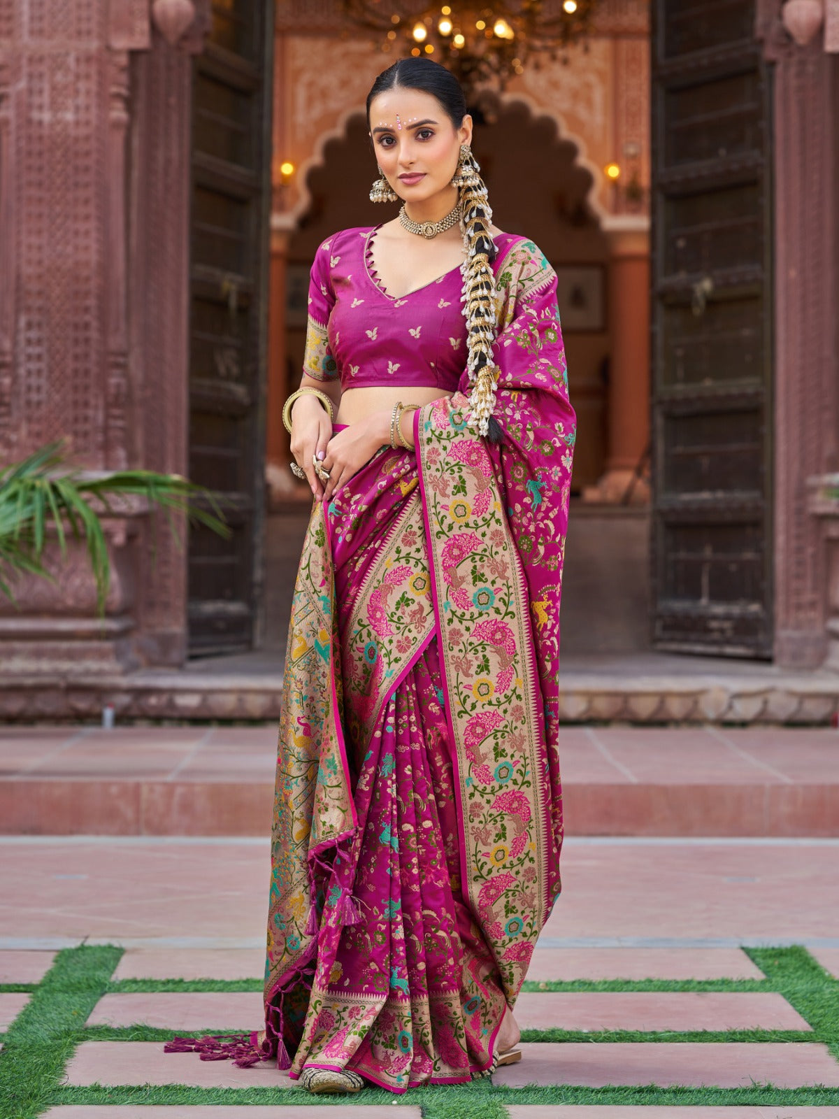 Rani Pink Prathani Soft Silk Saree With Unstitched Blouse Piece