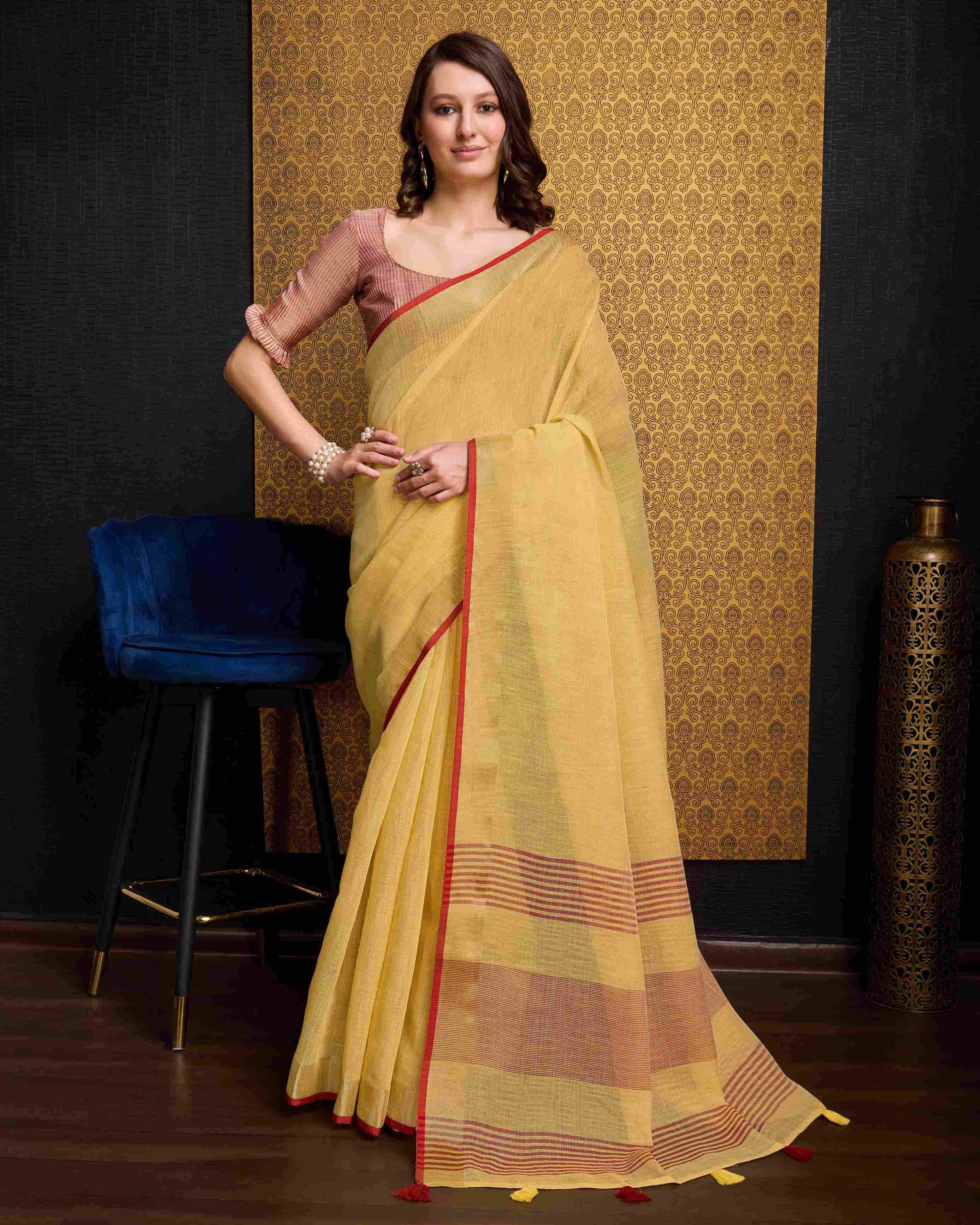 Yellow Cotton Linen Saree With Pure Cotton Unstitched Blouse Piece