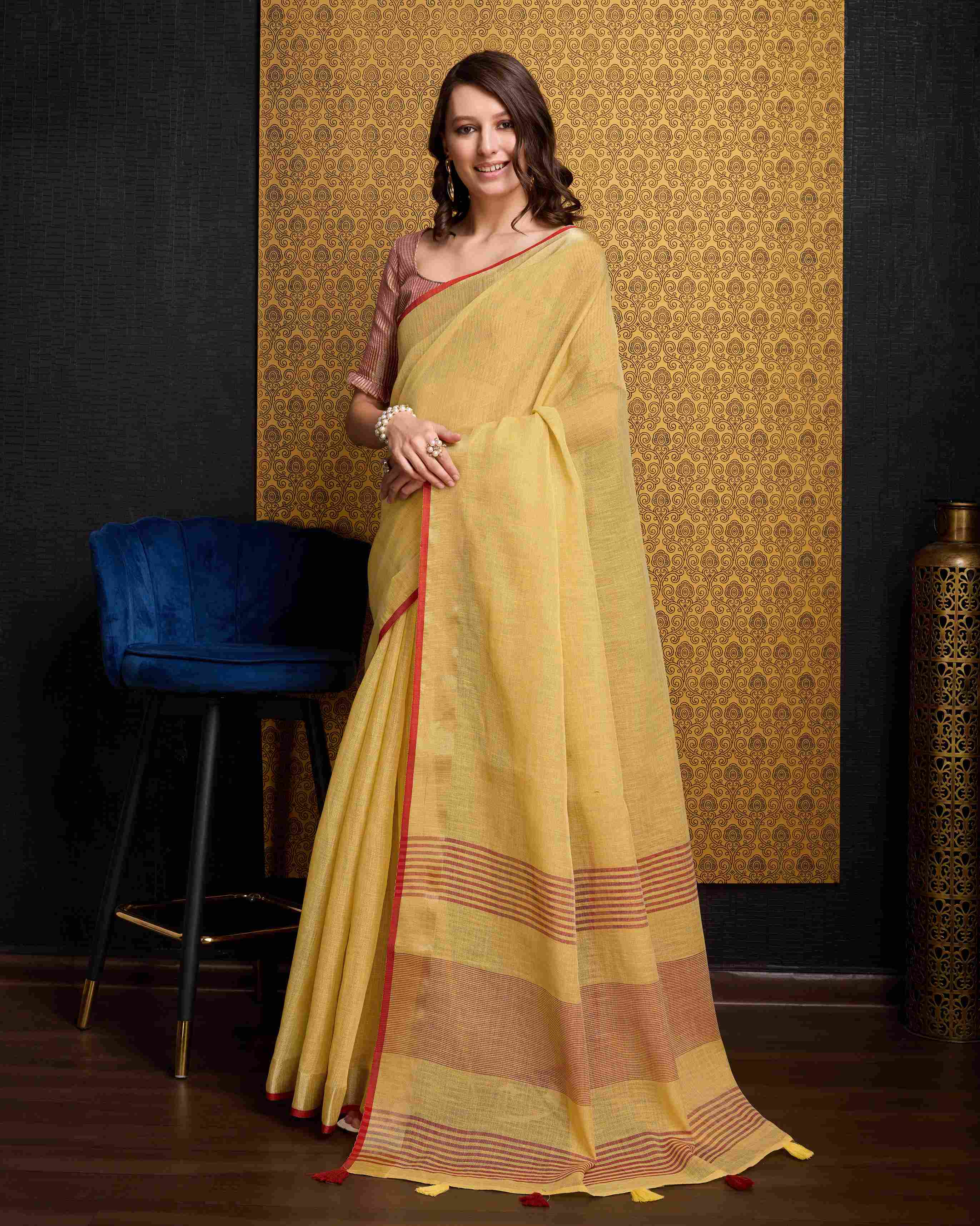 Yellow Cotton Linen Saree With Pure Cotton Unstitched Blouse Piece